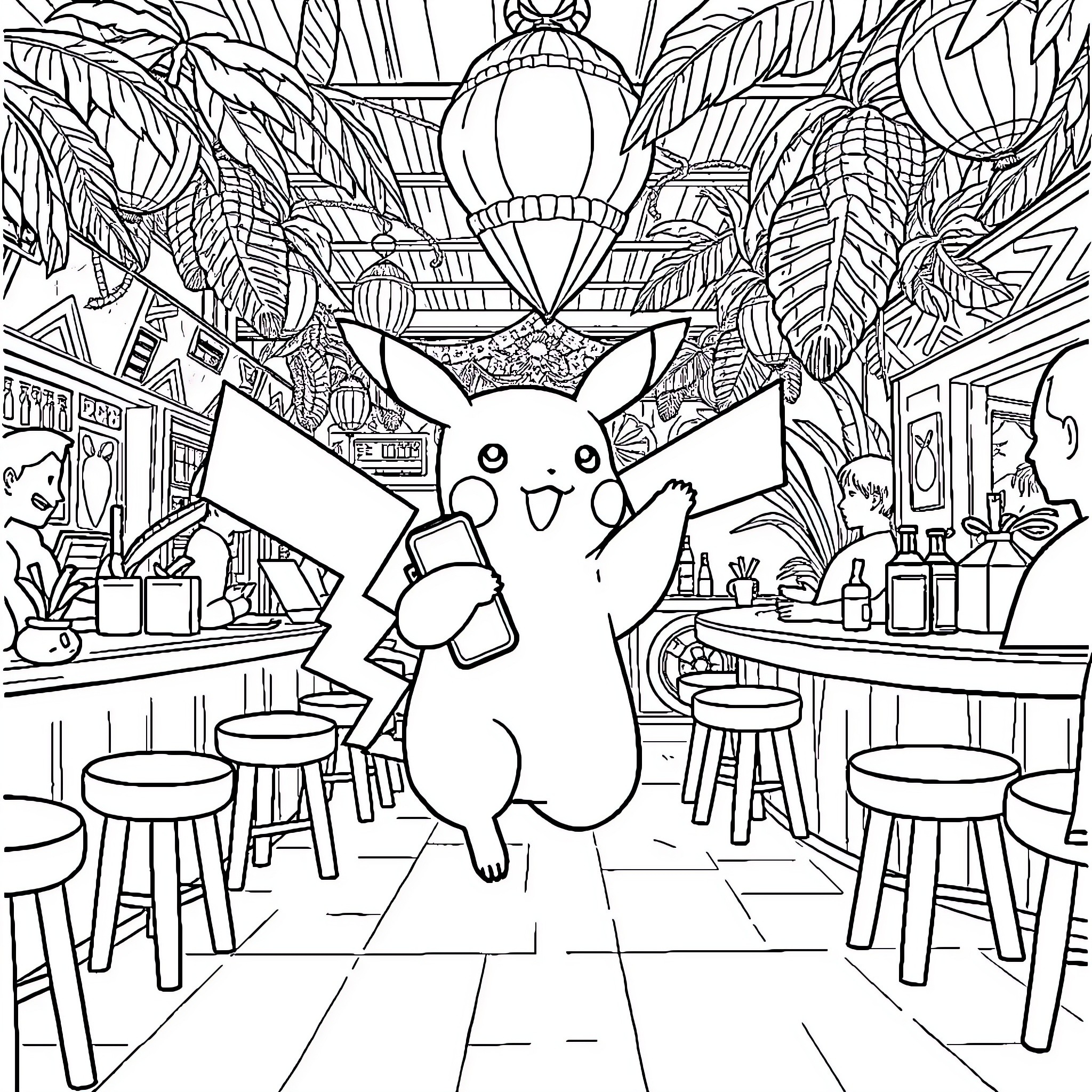 Pikachu exploring a lively tropical bar scene Coloring Page (free black-and-white line drawing printable PDF for all, from beginners to advanced learners, including children, teens, adults, and seniors)