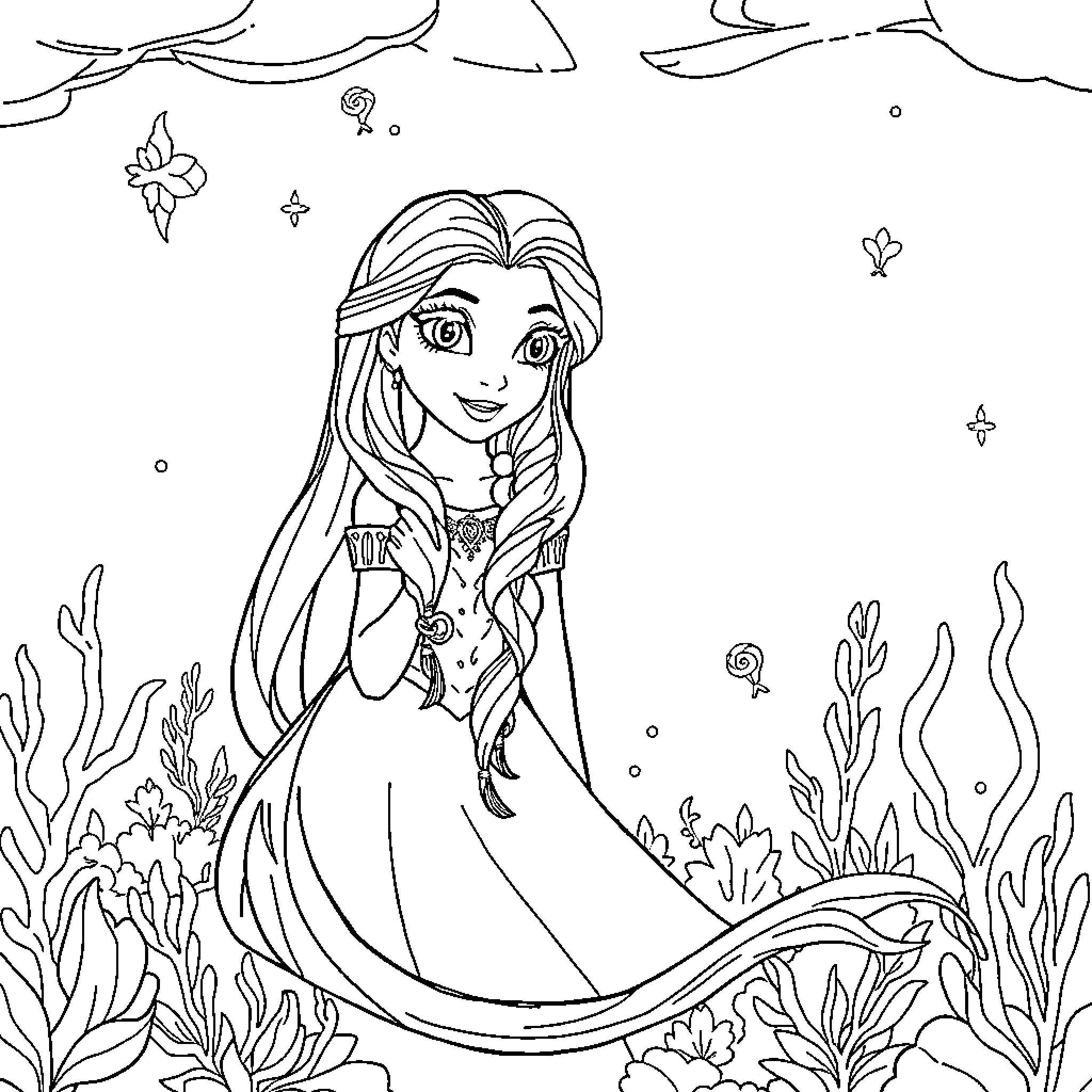 Rapunzel's Adventure in the Enchanted Forest Coloring Page (free black-and-white line drawing printable PDF for all, from beginners to advanced learners, including children, teens, adults, and seniors)