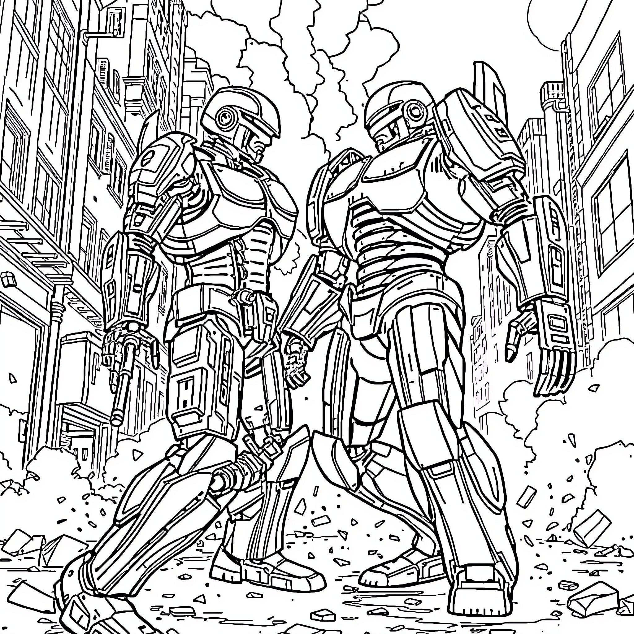 Robocop battle in futuristic city Coloring Page (free black-and-white line drawing printable PDF for all, from beginners to advanced learners, including children, teens, adults, and seniors)
