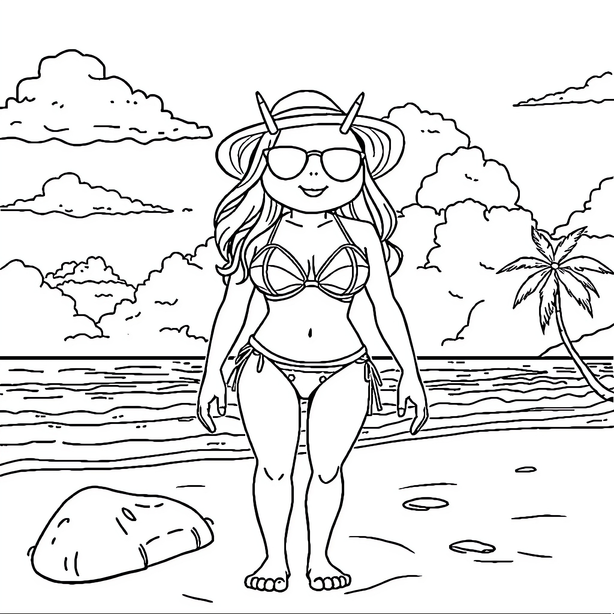 Android 18 enjoying a day at the beach Coloring Page (free black-and-white line drawing printable PDF for all, from beginners to advanced learners, including children, teens, adults, and seniors)