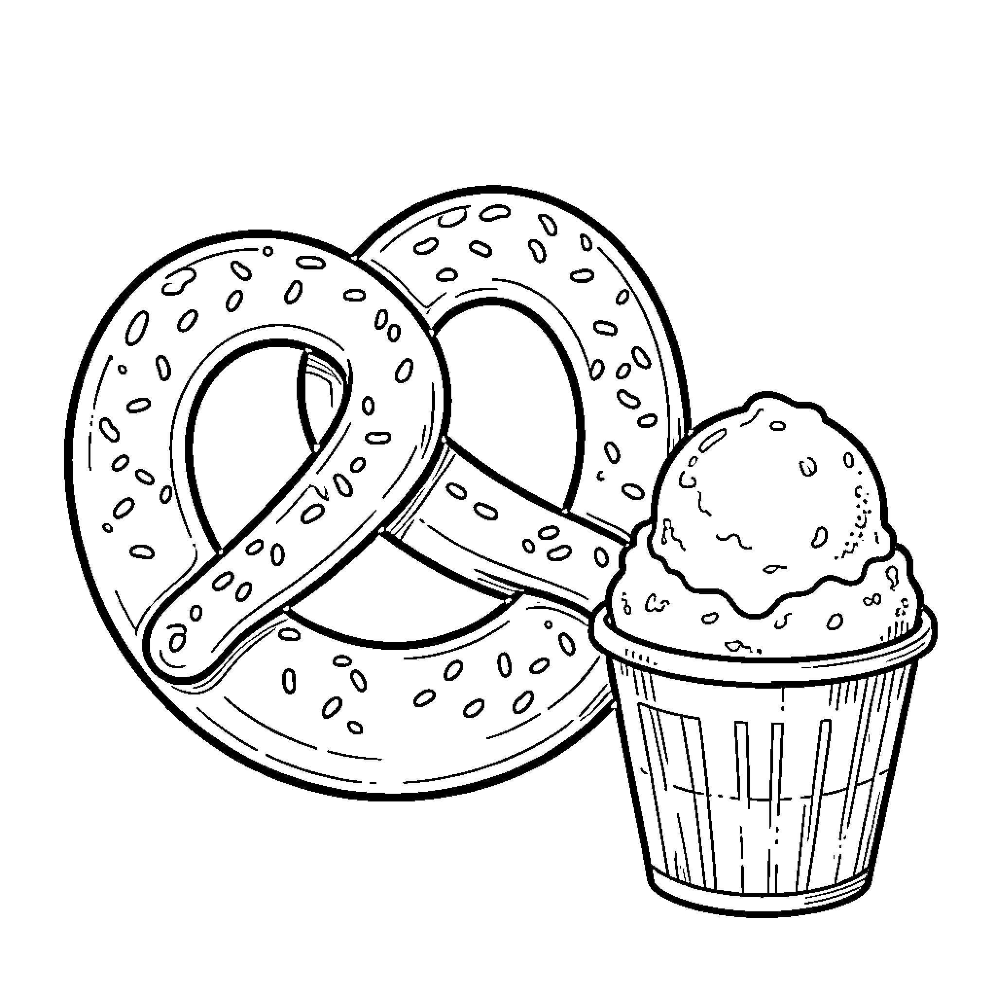 Pretzel served alongside a side of creamy dip Coloring Page (free black-and-white line drawing printable PDF for all, from beginners to advanced learners, including children, teens, adults, and seniors)