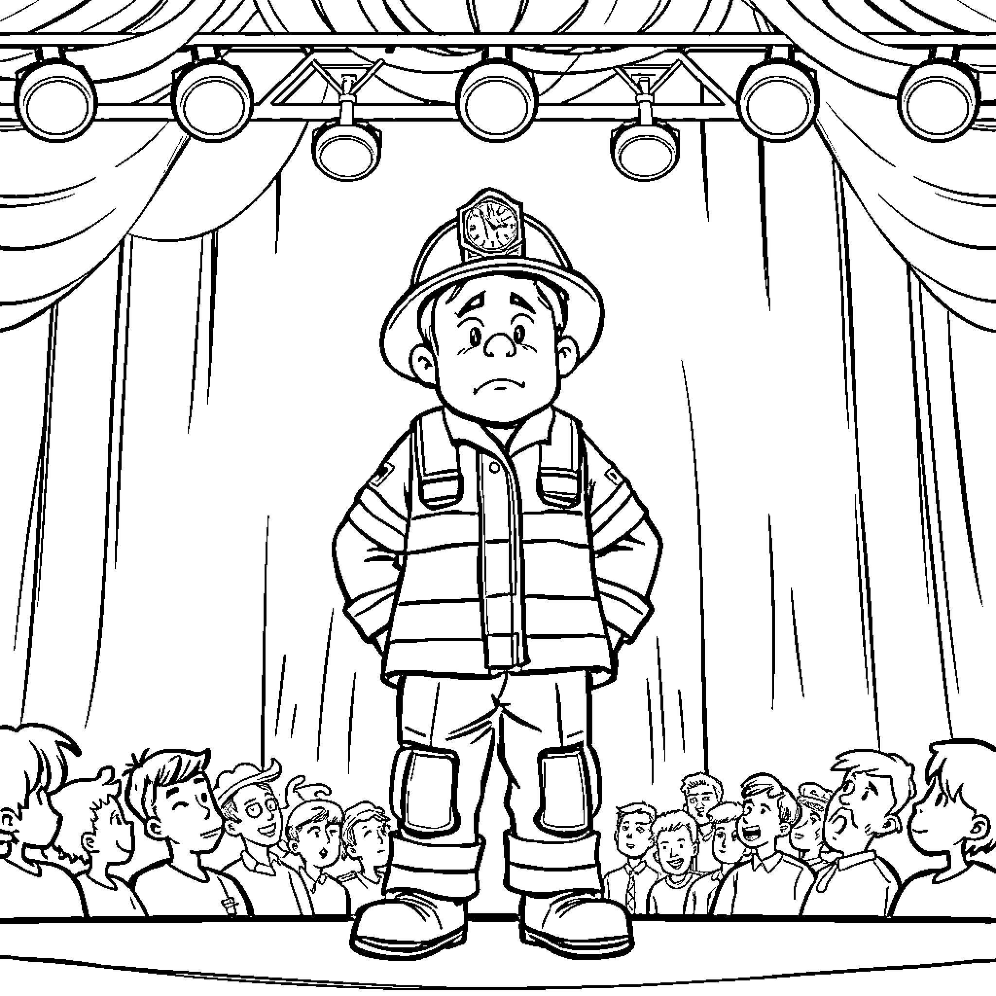 Firefighter standing before a crowd in a rescue scene Coloring Page (free black-and-white line drawing printable PDF for all, from beginners to advanced learners, including children, teens, adults, and seniors)