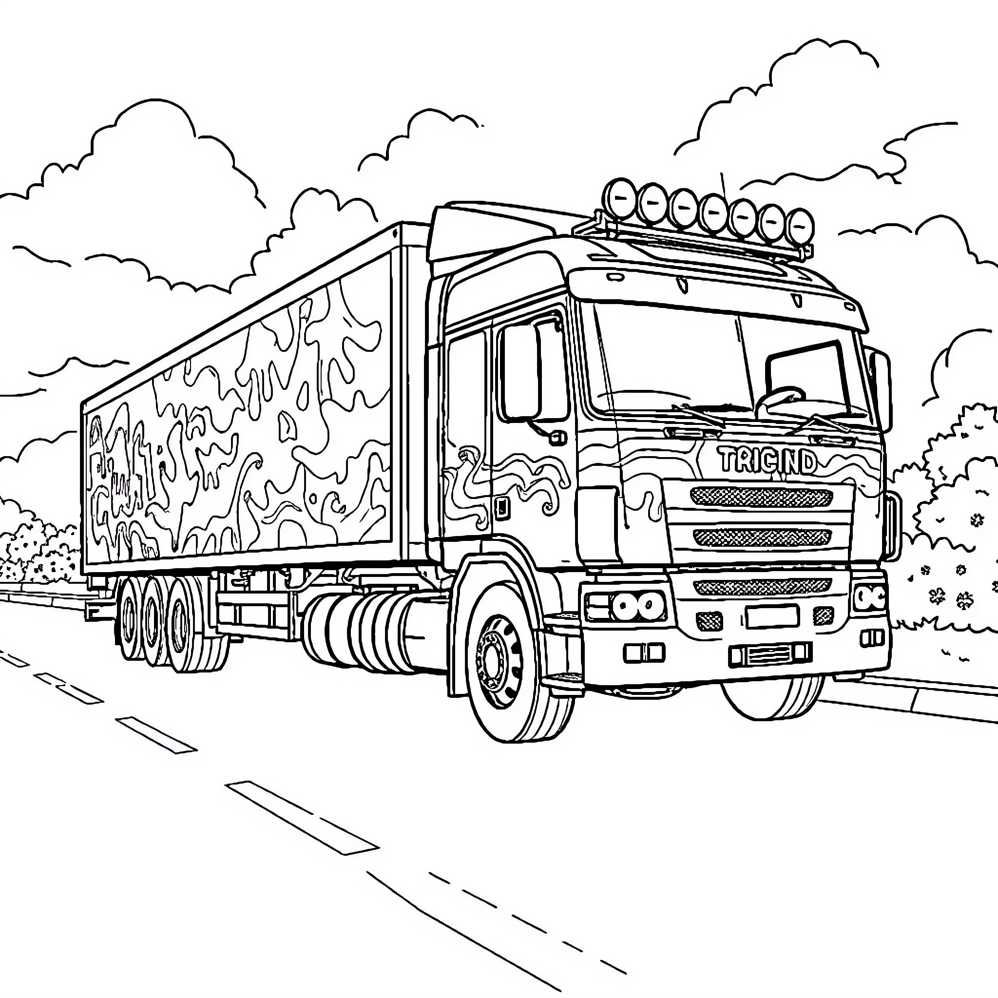Truck with camouflage pattern traveling on the road Coloring Page (free black-and-white line drawing printable PDF for all, from beginners to advanced learners, including children, teens, adults, and seniors)