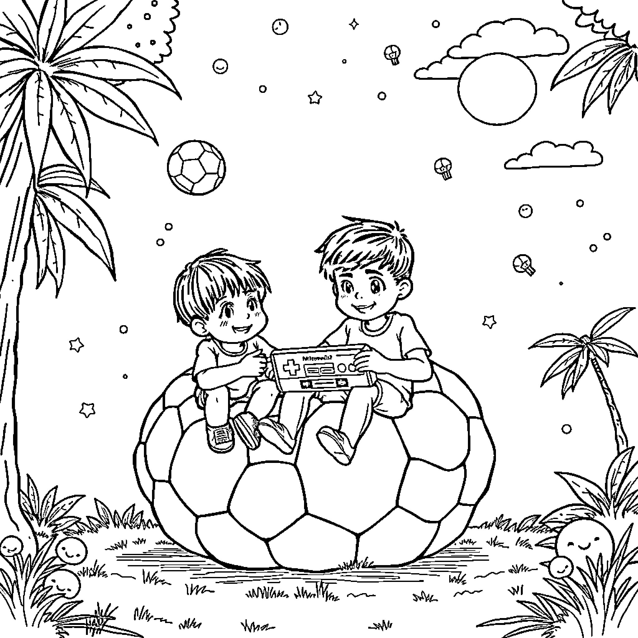 Kids playing with toys in tropical setting Coloring Page (free black-and-white line drawing printable PDF for all, from beginners to advanced learners, including children, teens, adults, and seniors)