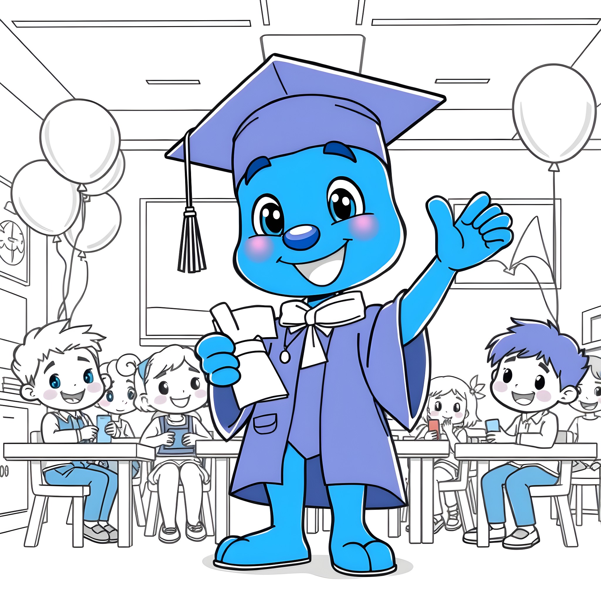 Bluey celebrates graduation with classmates Coloring Page (free black-and-white line drawing printable PDF for all, from beginners to advanced learners, including children, teens, adults, and seniors)
