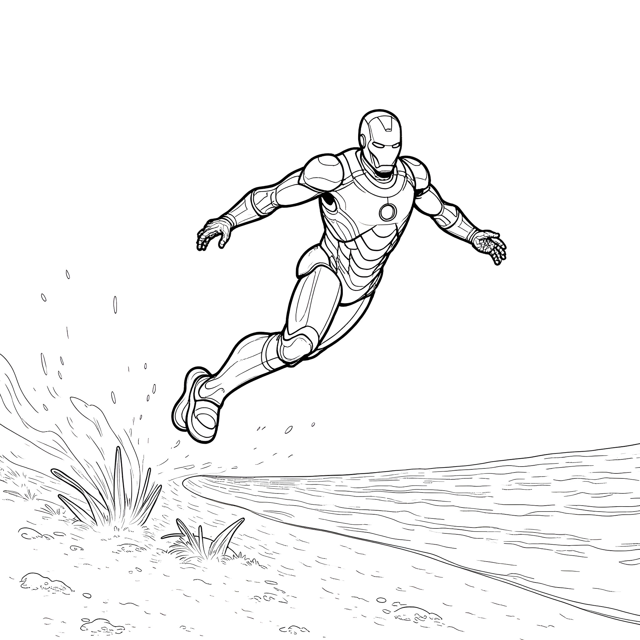 Ironman soaring over rocky terrain Coloring Page (free black-and-white line drawing printable PDF for all, from beginners to advanced learners, including children, teens, adults, and seniors)