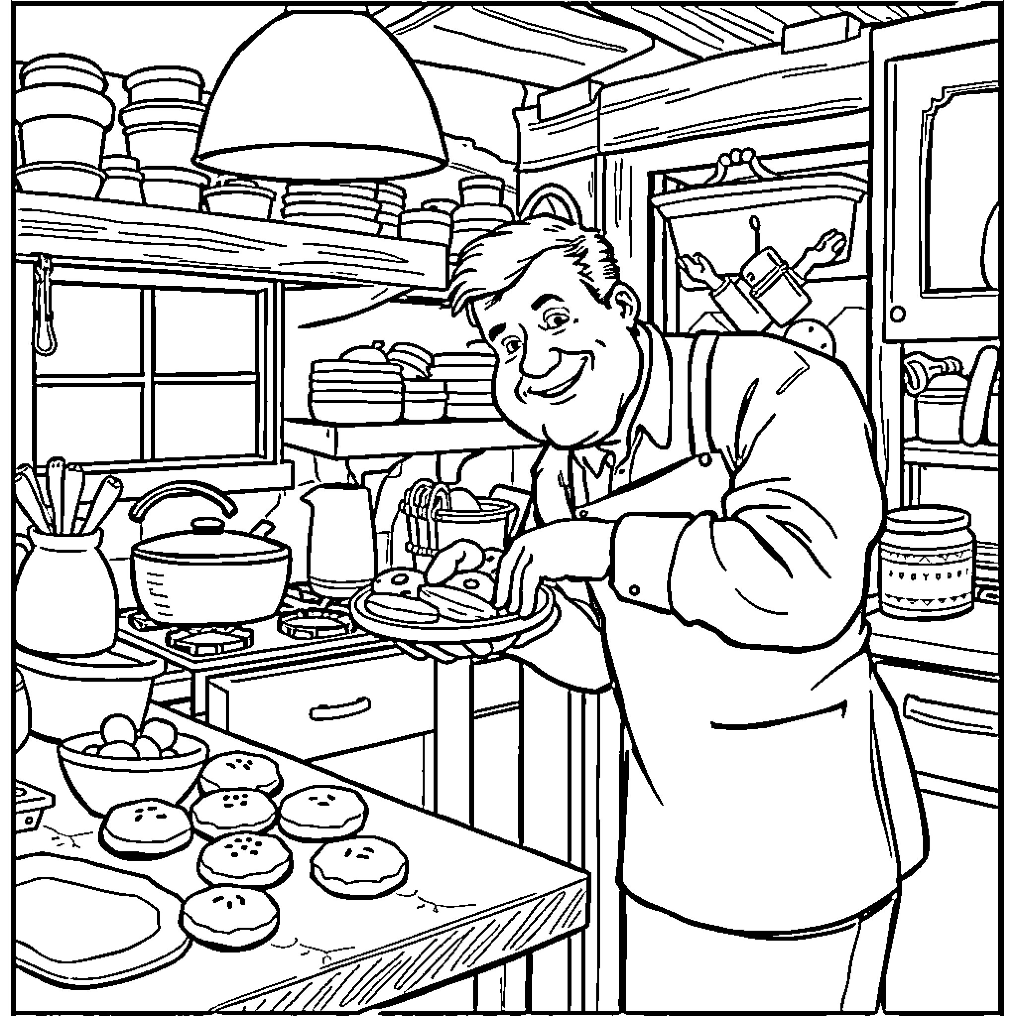Mr Bahlsen happily preparing baked goods in a cozy kitchen Coloring Page (free black-and-white line drawing printable PDF for all, from beginners to advanced learners, including children, teens, adults, and seniors)