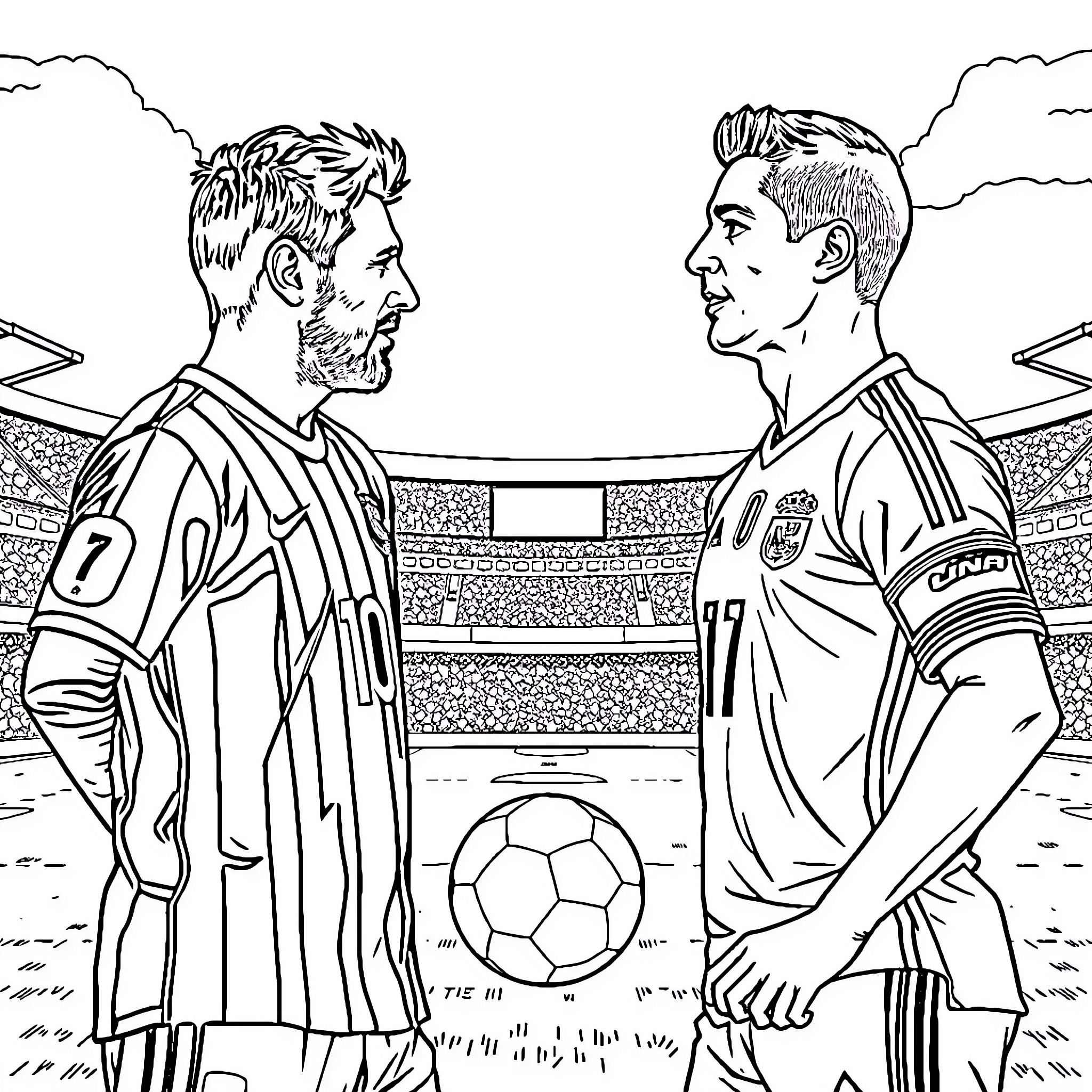 Lionel Messi facing opponent in soccer match Coloring Page (free black-and-white line drawing printable PDF for all, from beginners to advanced learners, including children, teens, adults, and seniors)