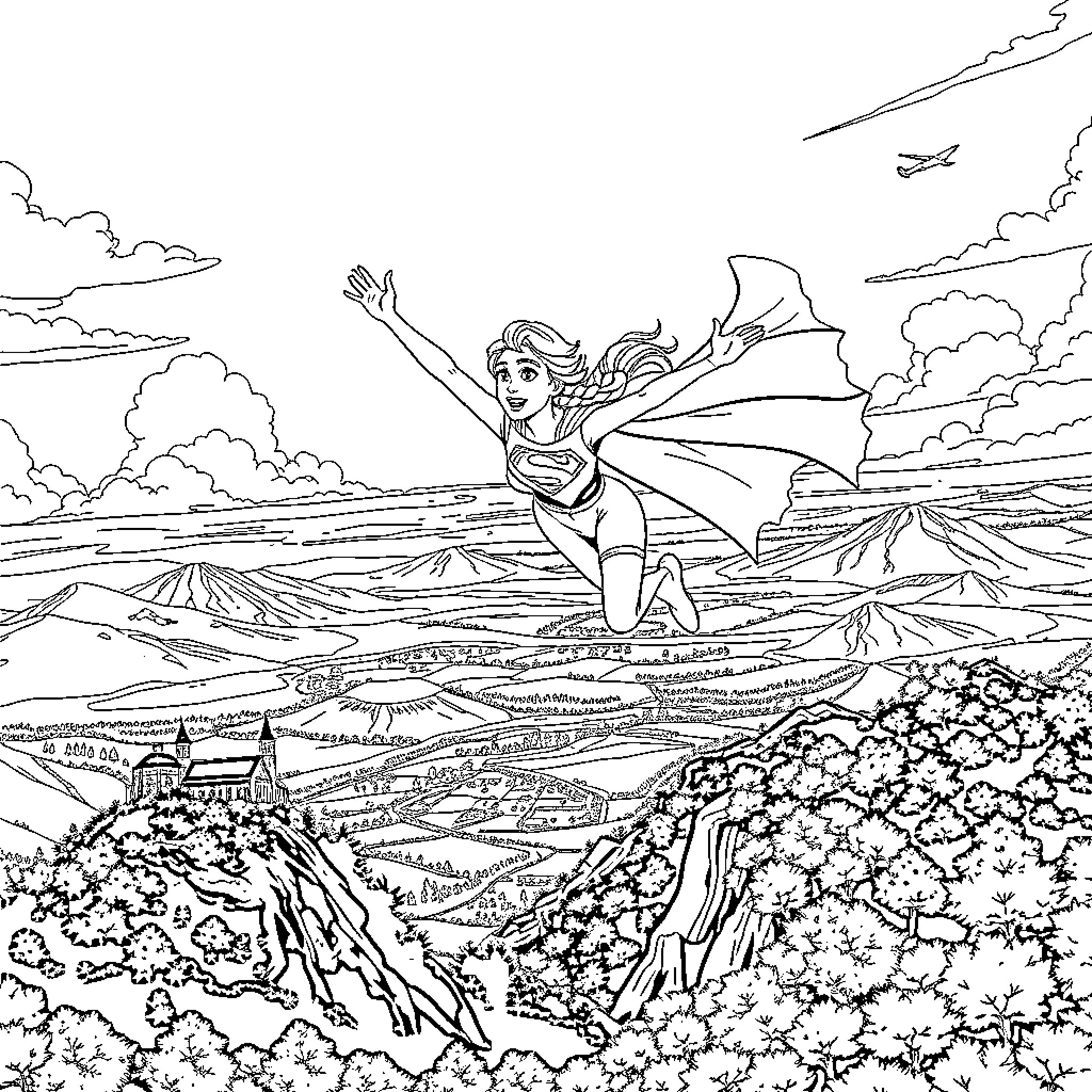 Elsa soaring through the enchanted landscape Coloring Page (free black-and-white line drawing printable PDF for all, from beginners to advanced learners, including children, teens, adults, and seniors)