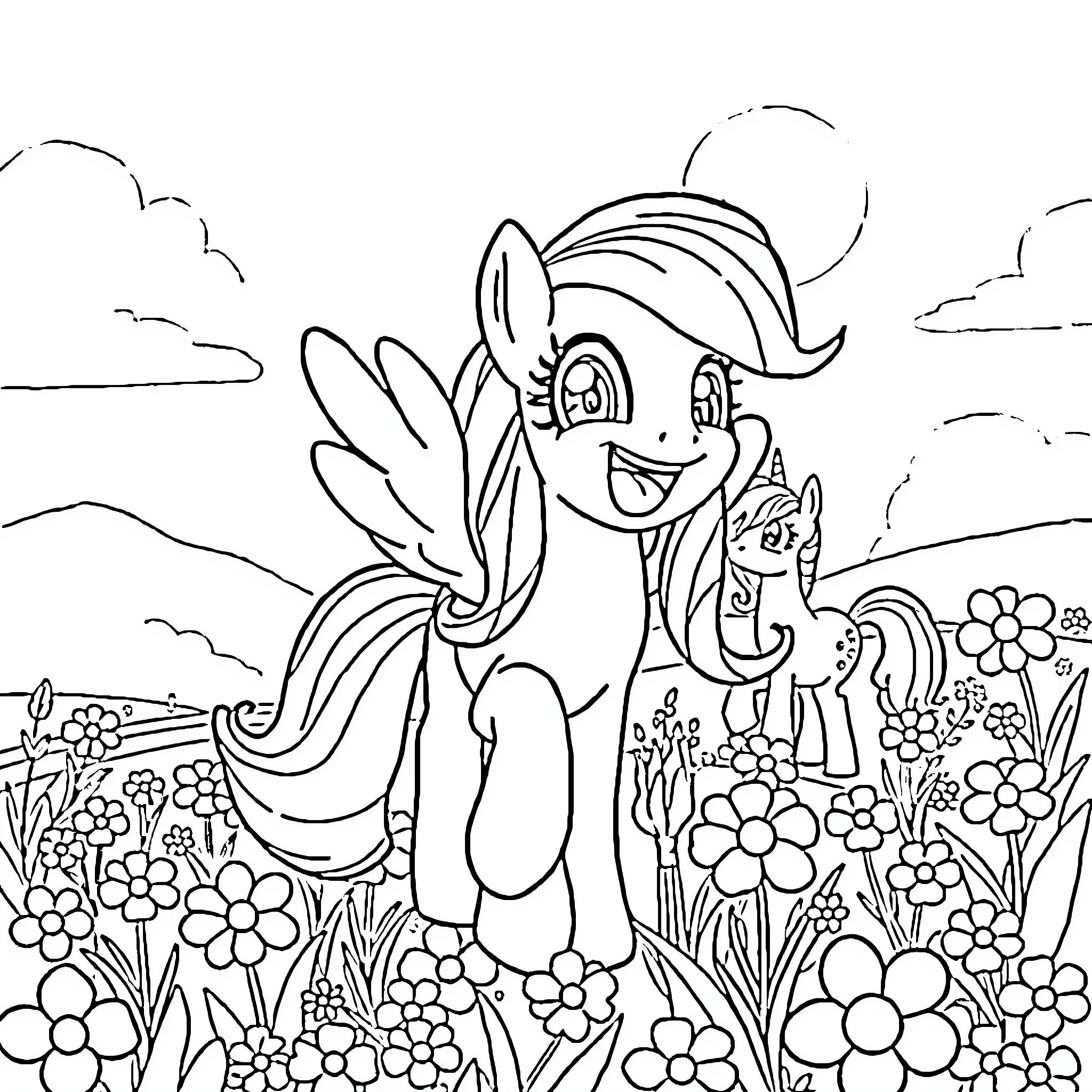 My Little Pony characters frolicking in a flowery meadow Coloring Page (free black-and-white line drawing printable PDF for all, from beginners to advanced learners, including children, teens, adults, and seniors)