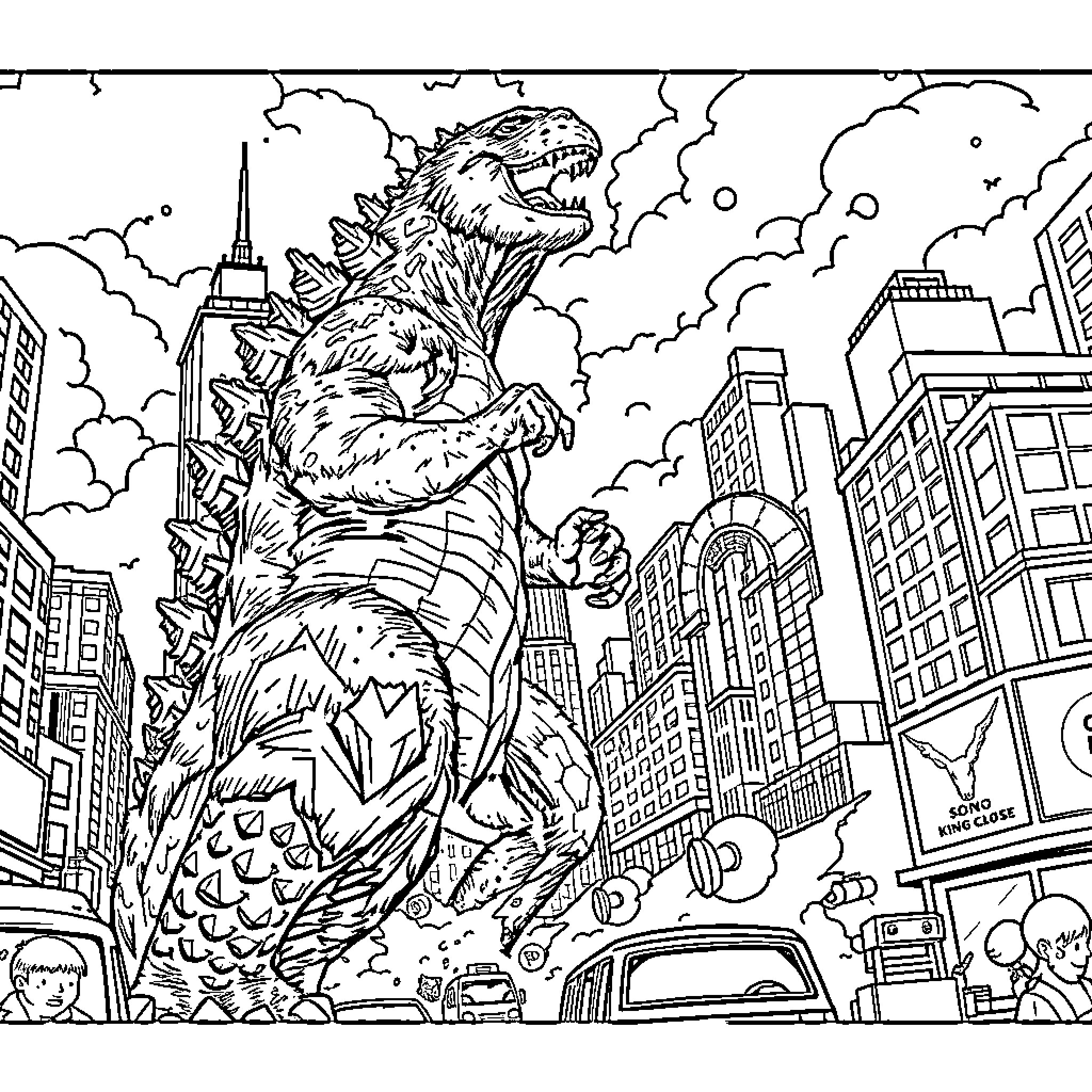 Godzilla rampaging through the city skyline Coloring Page (free black-and-white line drawing printable PDF for all, from beginners to advanced learners, including children, teens, adults, and seniors)