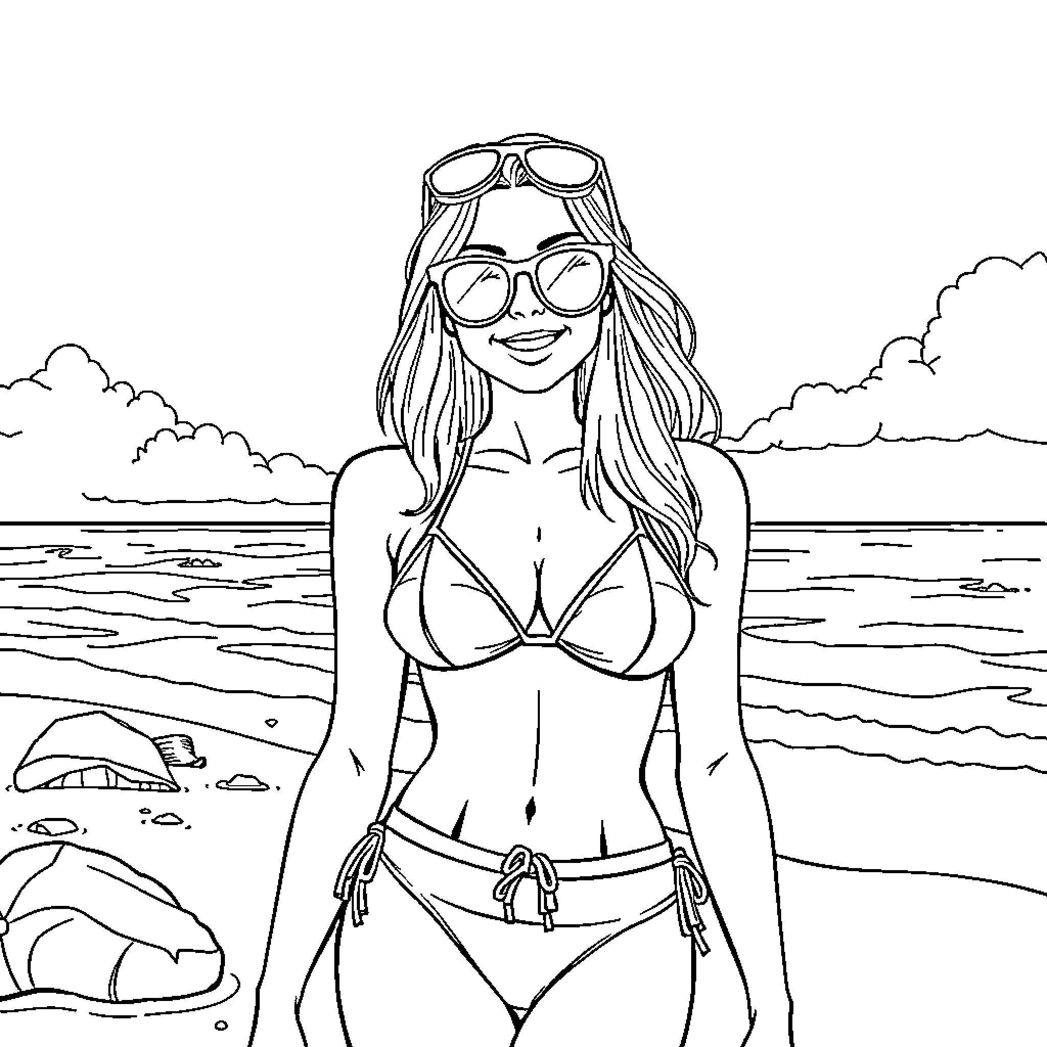 Girl enjoying the beach in sunglasses Coloring Page (free black-and-white line drawing printable PDF for all, from beginners to advanced learners, including children, teens, adults, and seniors)
