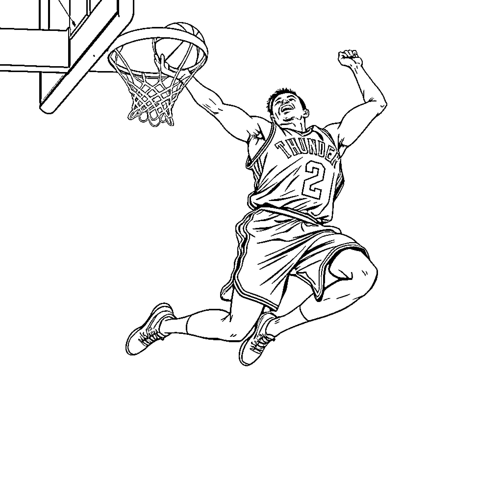 Man Dunking Basketball Enthusiastically Coloring Page (free black-and-white line drawing printable PDF for all, from beginners to advanced learners, including children, teens, adults, and seniors)