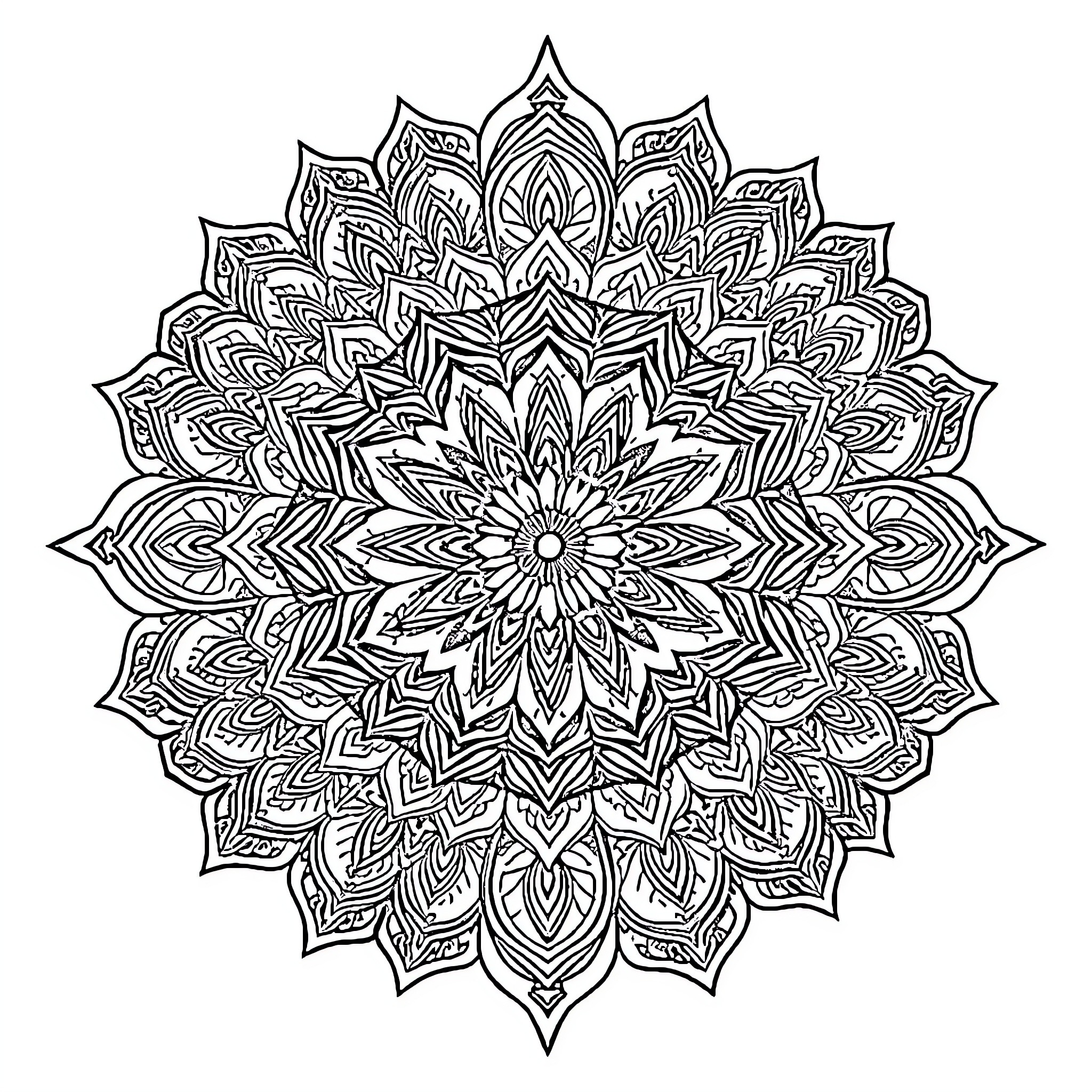 Mandala of intricate floral patterns Coloring Page (free black-and-white line drawing printable PDF for all, from beginners to advanced learners, including children, teens, adults, and seniors)