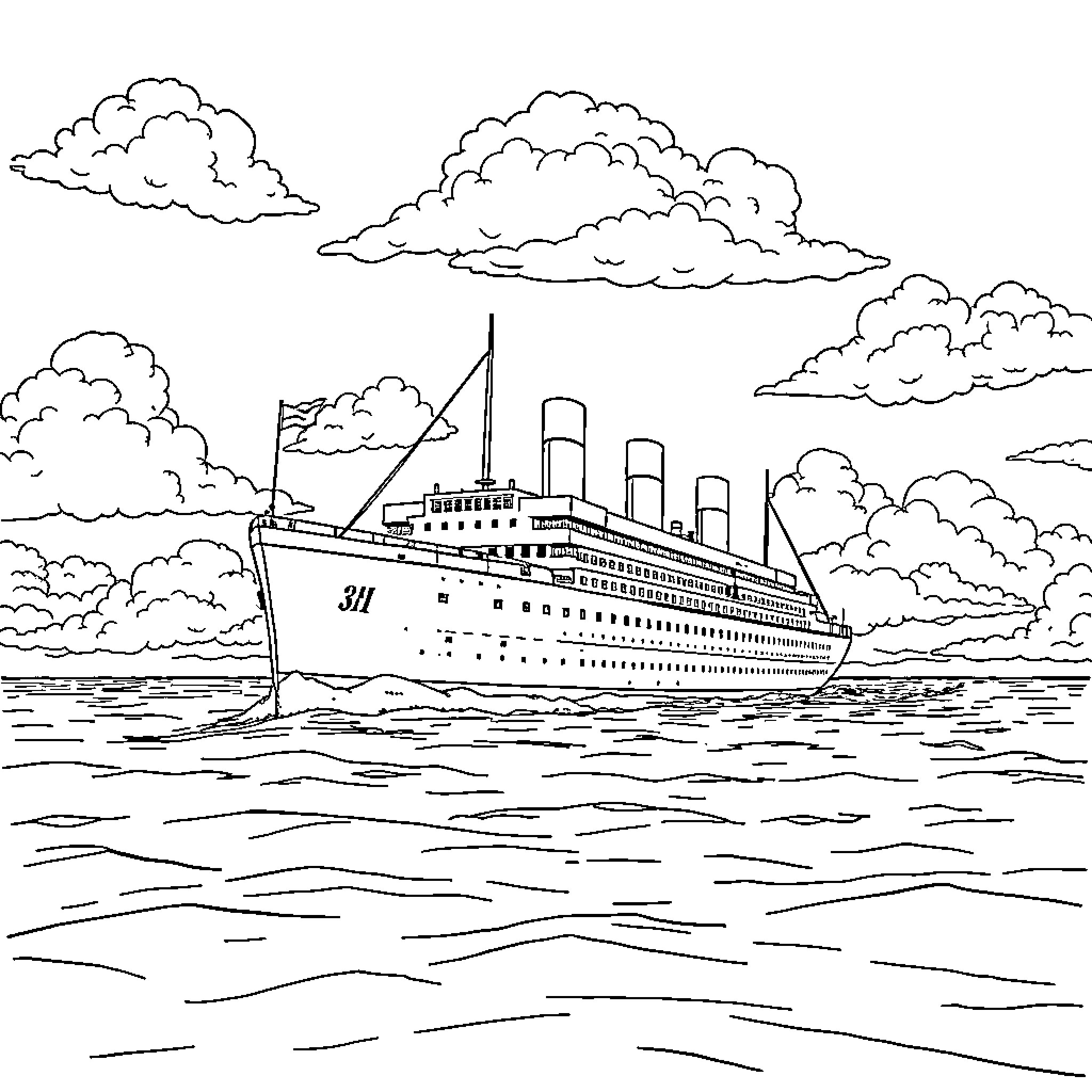 Titanic sailing on the open sea Coloring Page (free black-and-white line drawing printable PDF for all, from beginners to advanced learners, including children, teens, adults, and seniors)