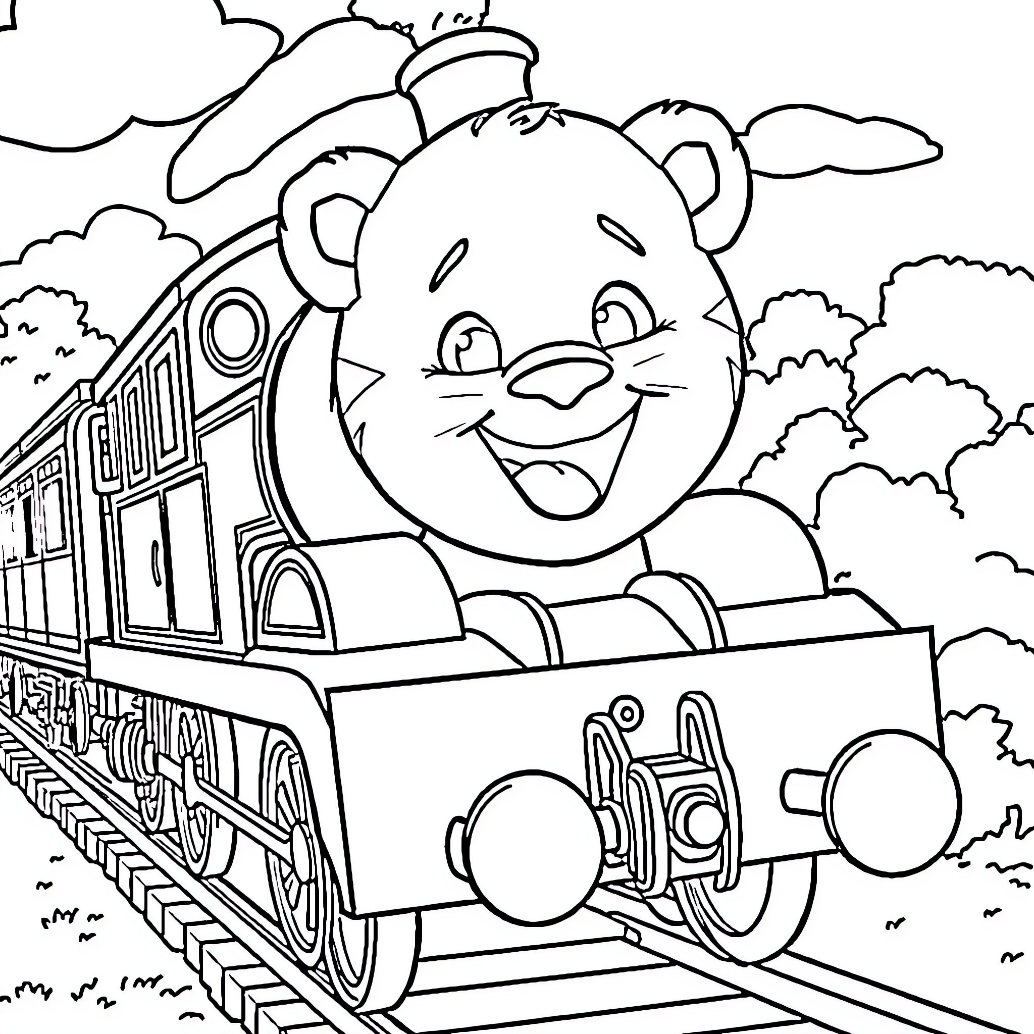 Daniel Tiger Riding a Cheerful Train Coloring Page (free black-and-white line drawing printable PDF for all, from beginners to advanced learners, including children, teens, adults, and seniors)