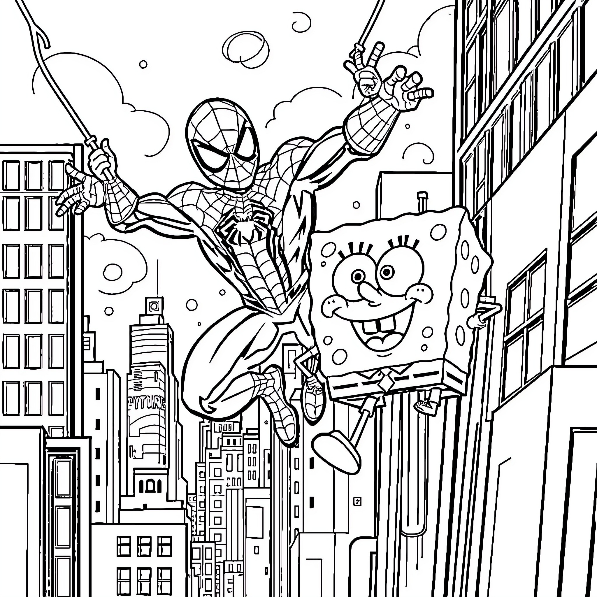 Spiderman swinging through the city with Spongebob Coloring Page (free black-and-white line drawing printable PDF for all, from beginners to advanced learners, including children, teens, adults, and seniors)