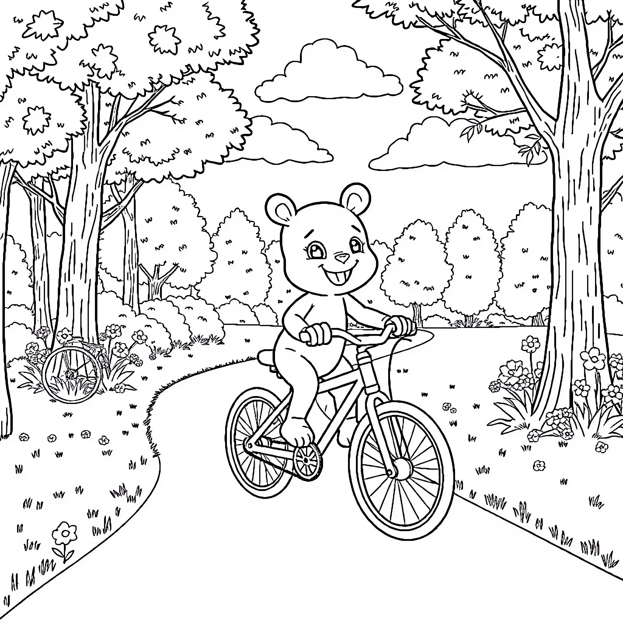 Labubu Rides Bicycle Through Forest Wonderland Coloring Page (free black-and-white line drawing printable PDF for all, from beginners to advanced learners, including children, teens, adults, and seniors)