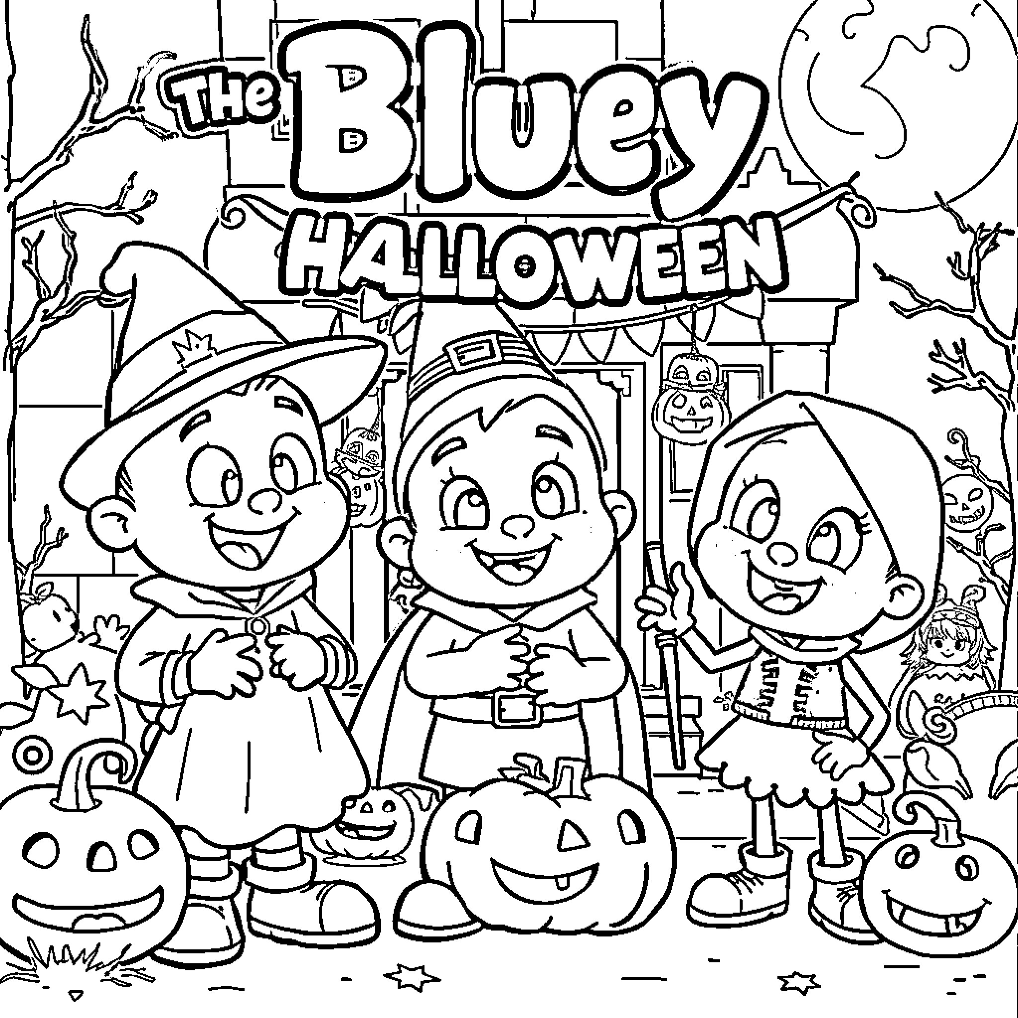 Bluey's Halloween Celebration with Friends Coloring Page (free black-and-white line drawing printable PDF for all, from beginners to advanced learners, including children, teens, adults, and seniors)