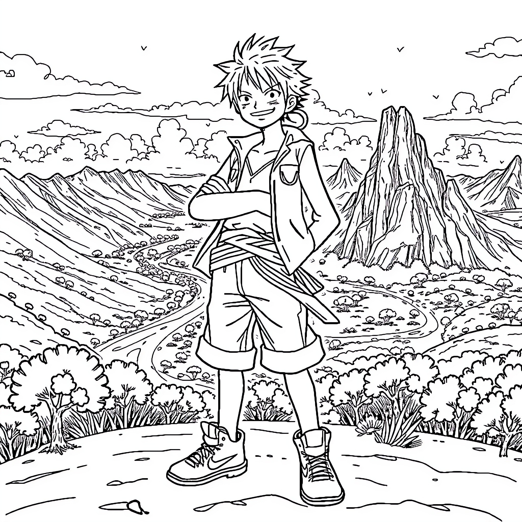 Luffy's Adventurous Journey in the Wilderness Coloring Page (free black-and-white line drawing printable PDF for all, from beginners to advanced learners, including children, teens, adults, and seniors)
