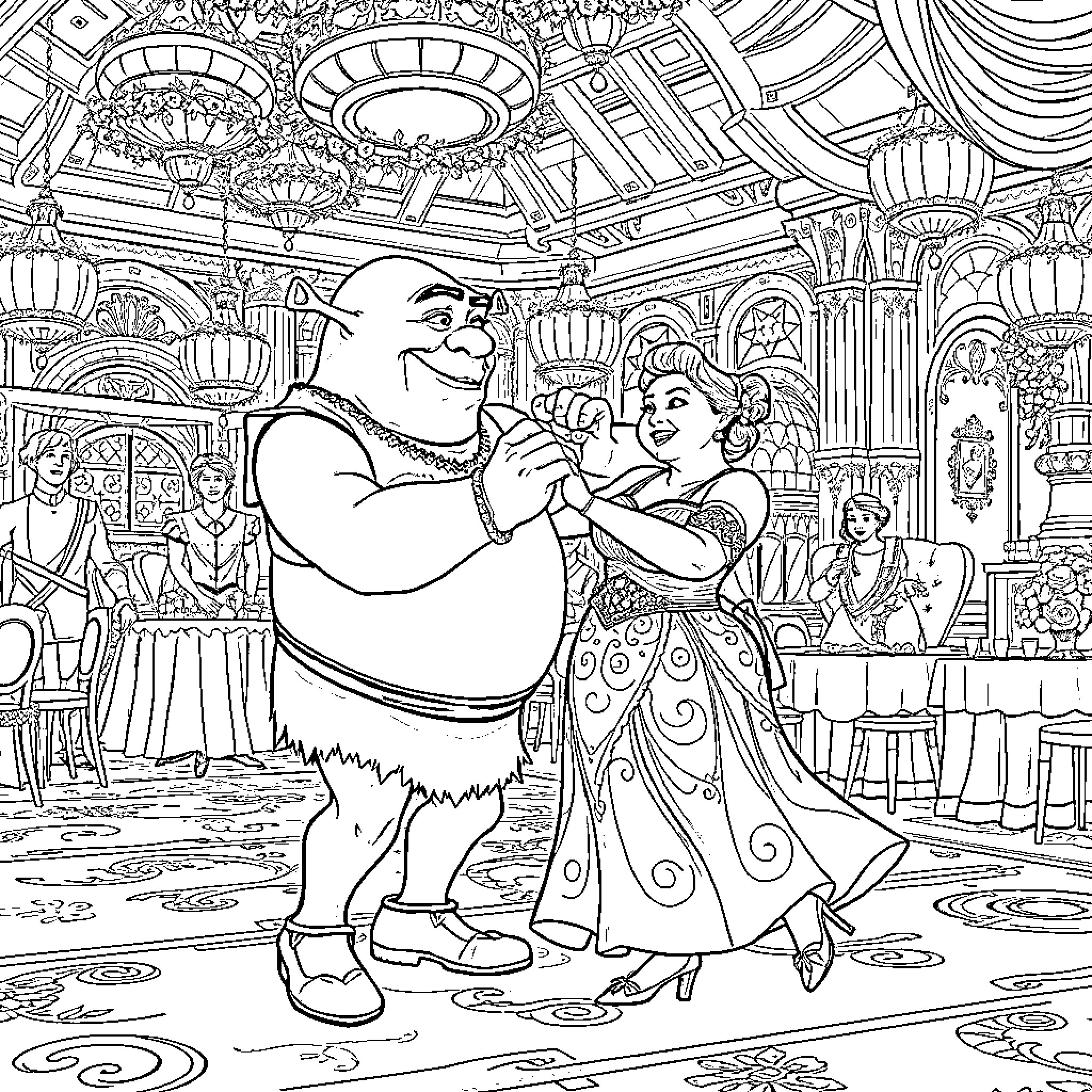Ogre and Princess Dancing in Ornate Ballroom Coloring Page (free black-and-white line drawing printable PDF for all, from beginners to advanced learners, including children, teens, adults, and seniors)