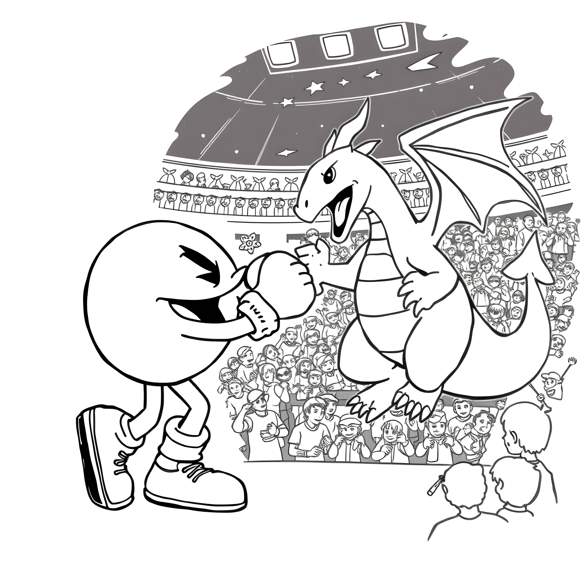 Packman battling a fierce dragon in an arena Coloring Page (free black-and-white line drawing printable PDF for all, from beginners to advanced learners, including children, teens, adults, and seniors)