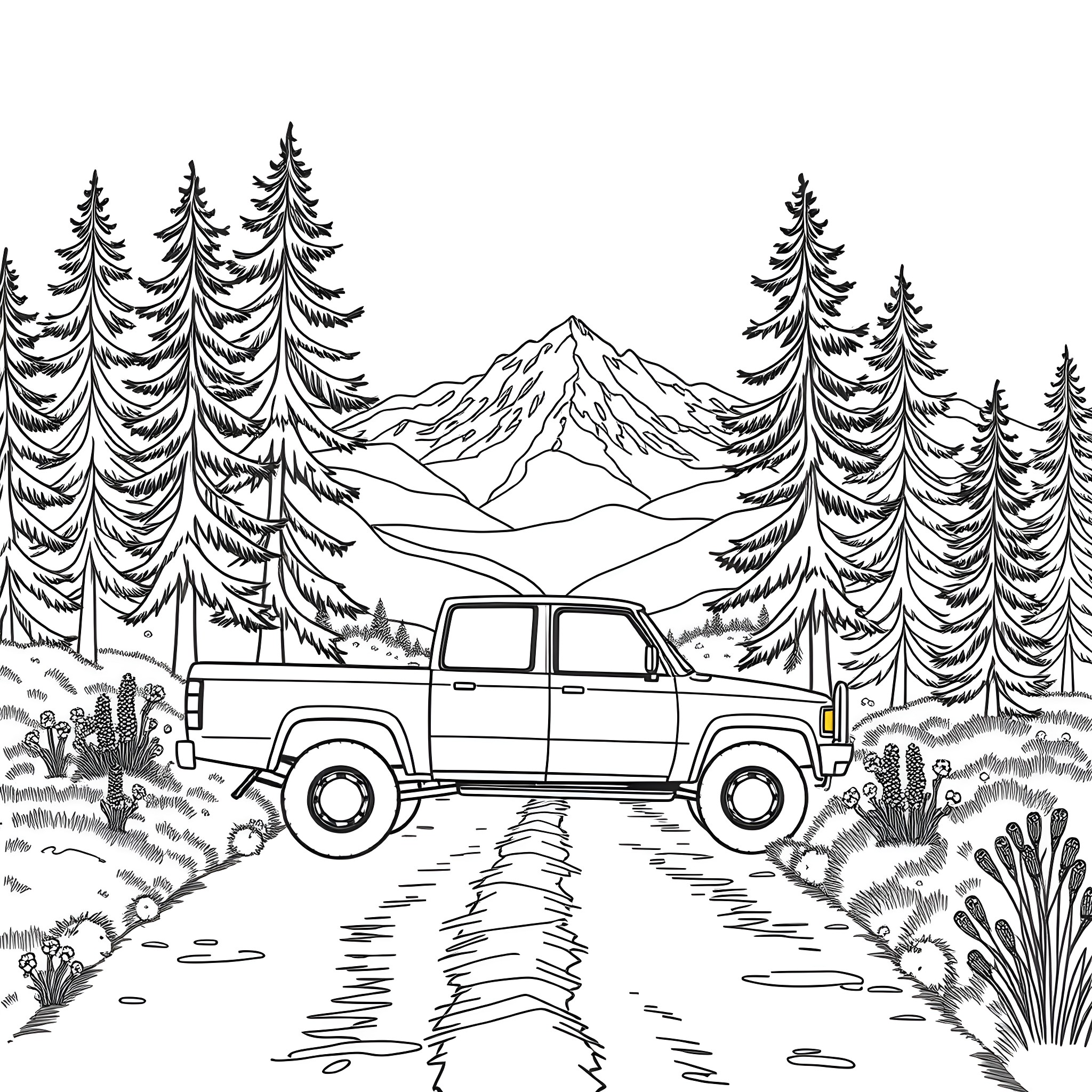 Pickup Truck on Mountain Road in Forest Landscape Coloring Page (free black-and-white line drawing printable PDF for all, from beginners to advanced learners, including children, teens, adults, and seniors)