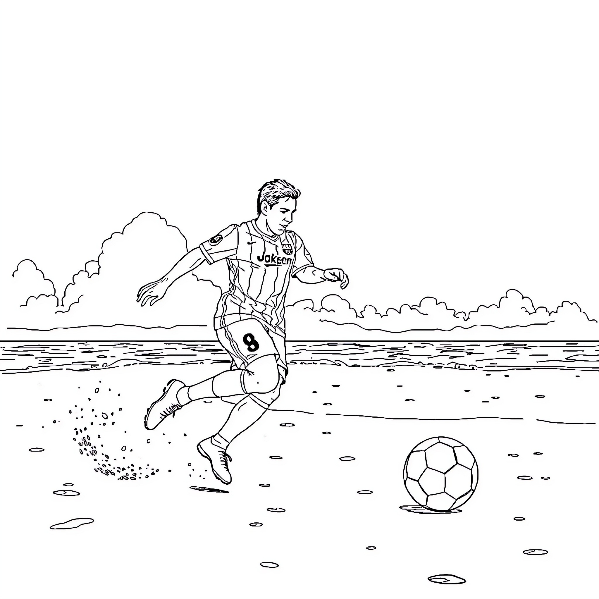 Messi dribbling the ball on the field Coloring Page (free black-and-white line drawing printable PDF for all, from beginners to advanced learners, including children, teens, adults, and seniors)