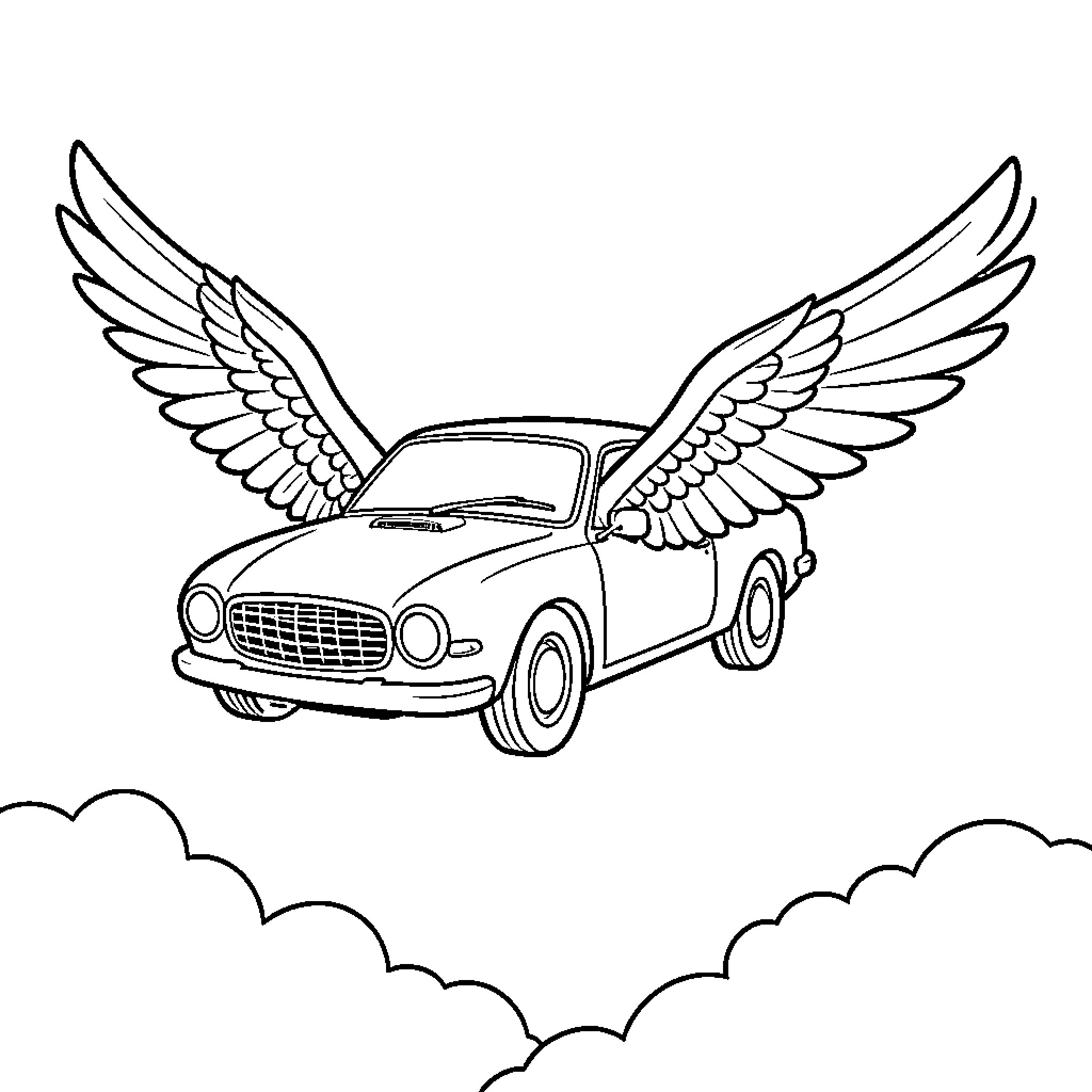 Flying Car with Angelic Wings in the Sky Coloring Page (free black-and-white line drawing printable PDF for all, from beginners to advanced learners, including children, teens, adults, and seniors)