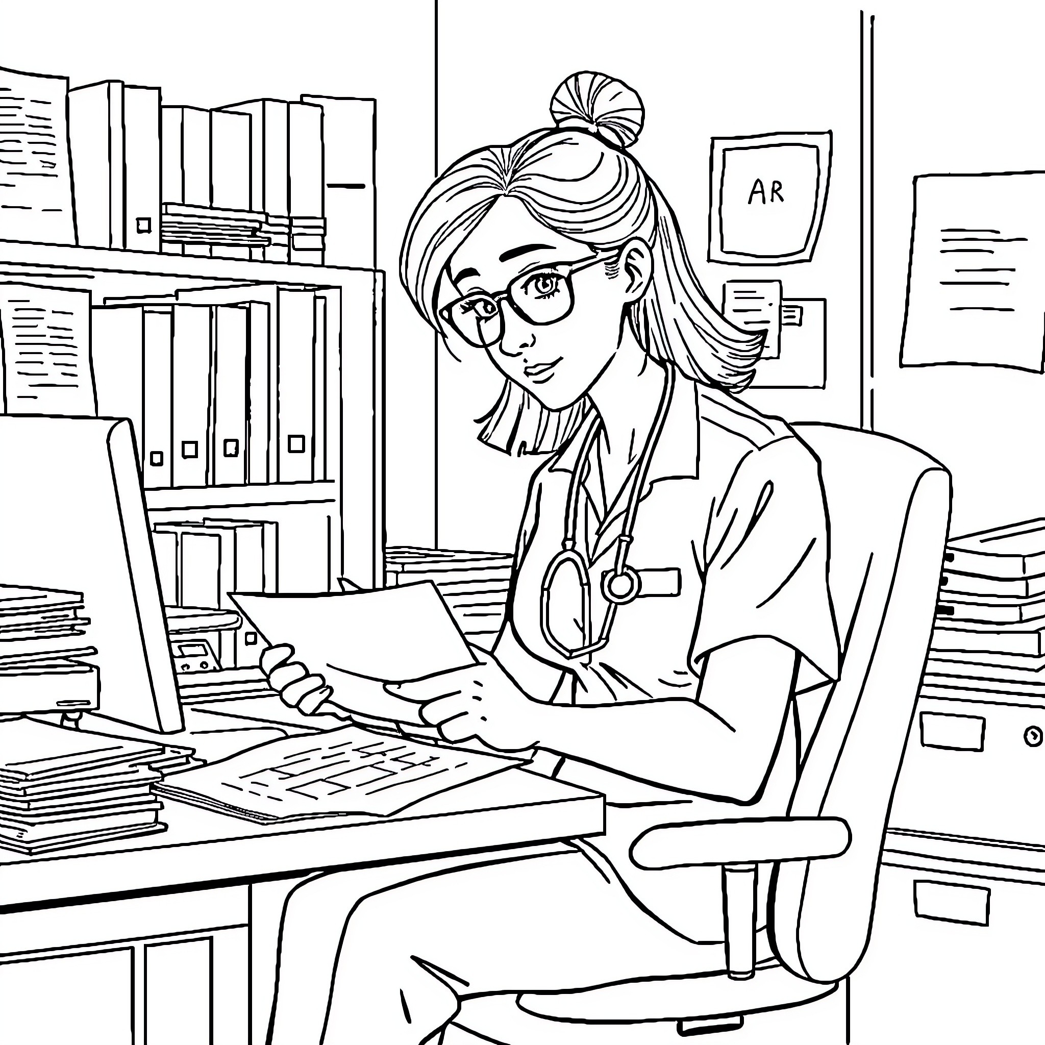 Nurse reviewing patient records at desk Coloring Page (free black-and-white line drawing printable PDF for all, from beginners to advanced learners, including children, teens, adults, and seniors)