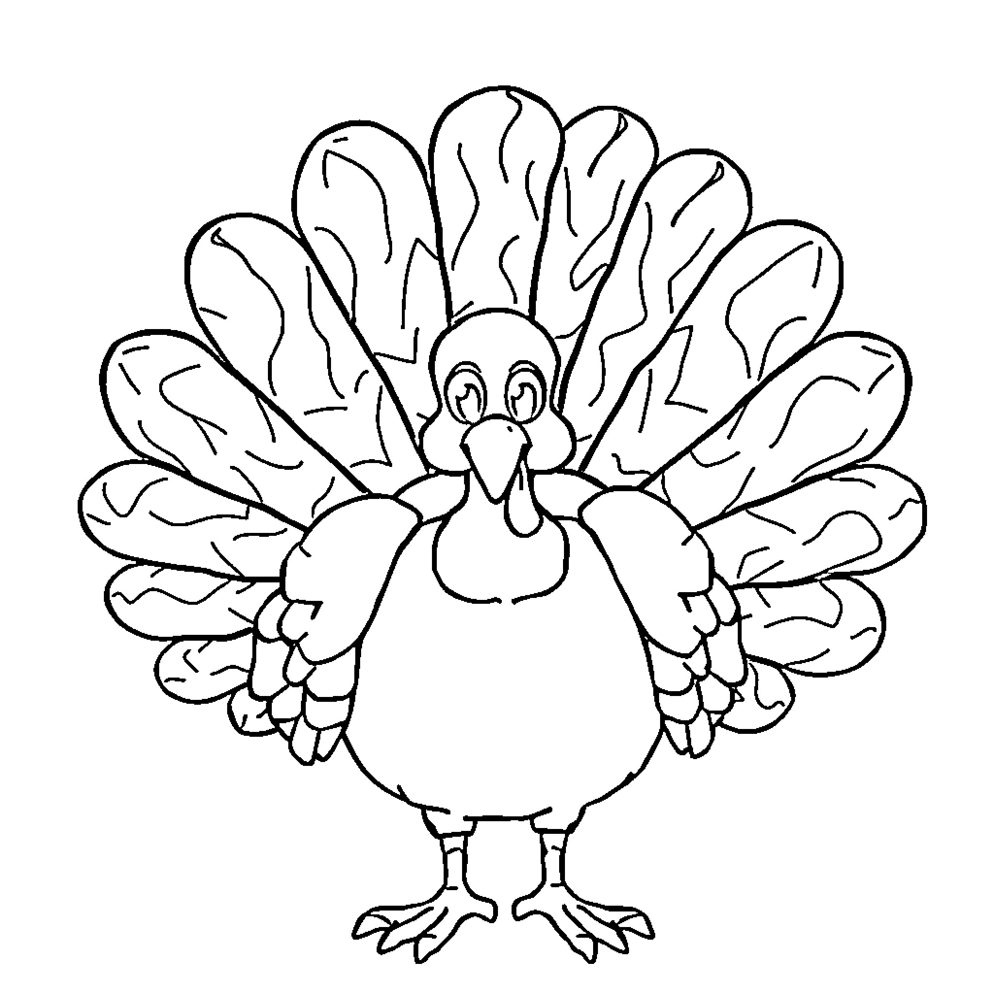Turkey with vibrant plumage and expressive features Coloring Page (free black-and-white line drawing printable PDF for all, from beginners to advanced learners, including children, teens, adults, and seniors)