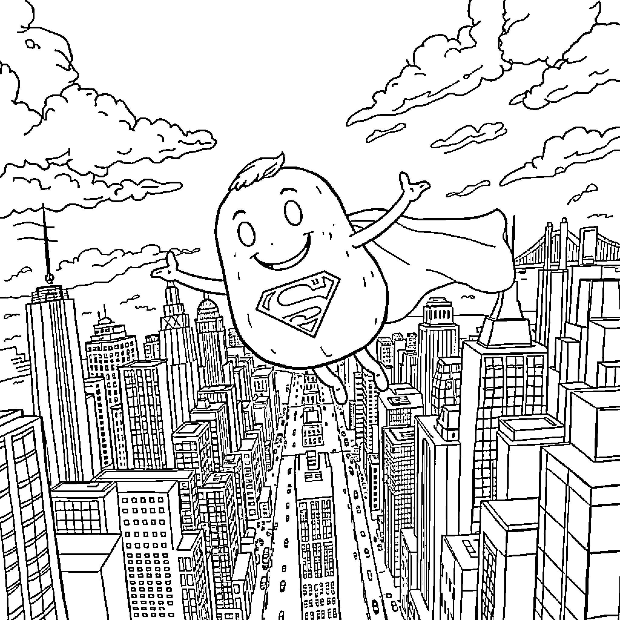 Potato Superhero Soars Over Cityscape Coloring Page (free black-and-white line drawing printable PDF for all, from beginners to advanced learners, including children, teens, adults, and seniors)