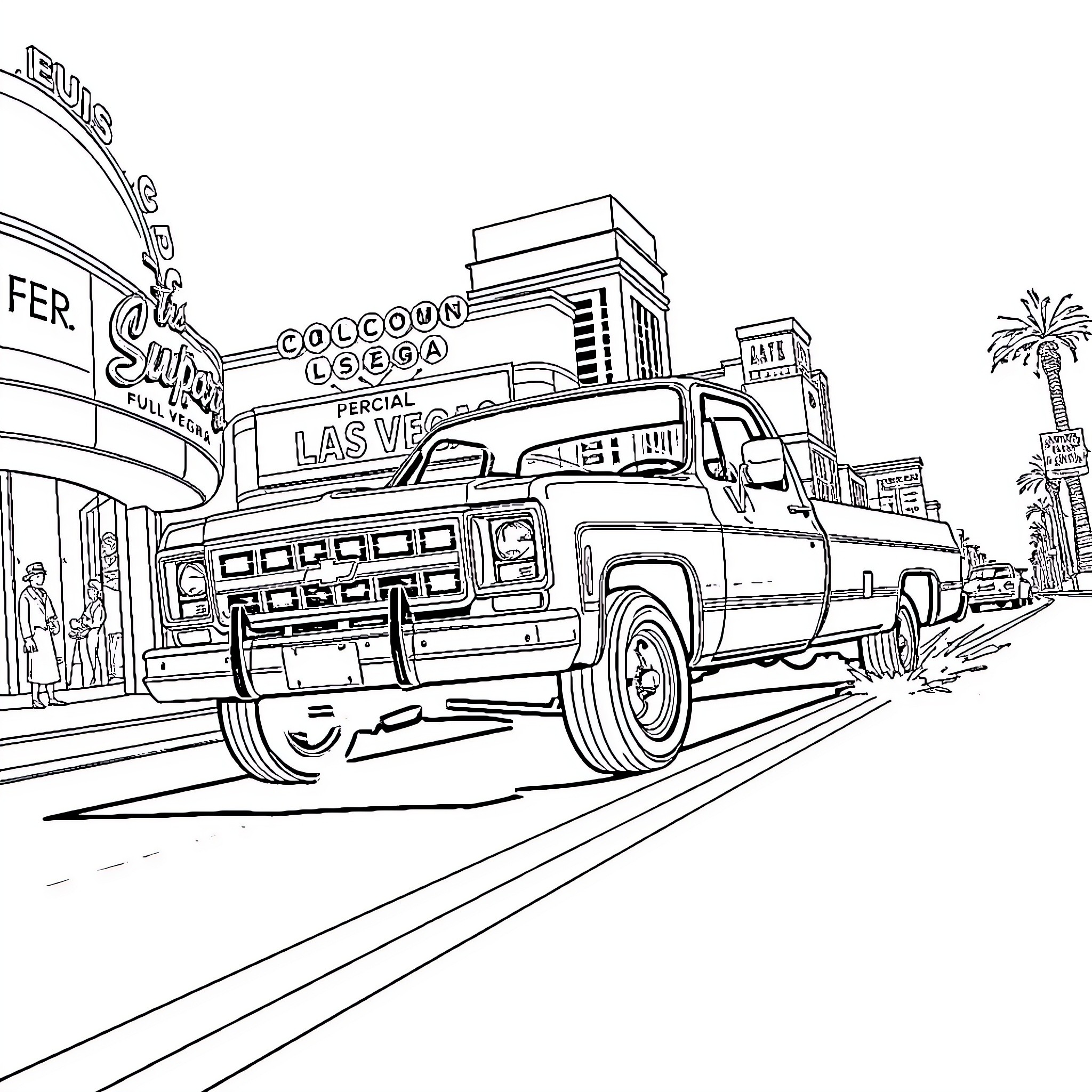 Chevy truck cruising along the Las Vegas strip Coloring Page (free black-and-white line drawing printable PDF for all, from beginners to advanced learners, including children, teens, adults, and seniors)