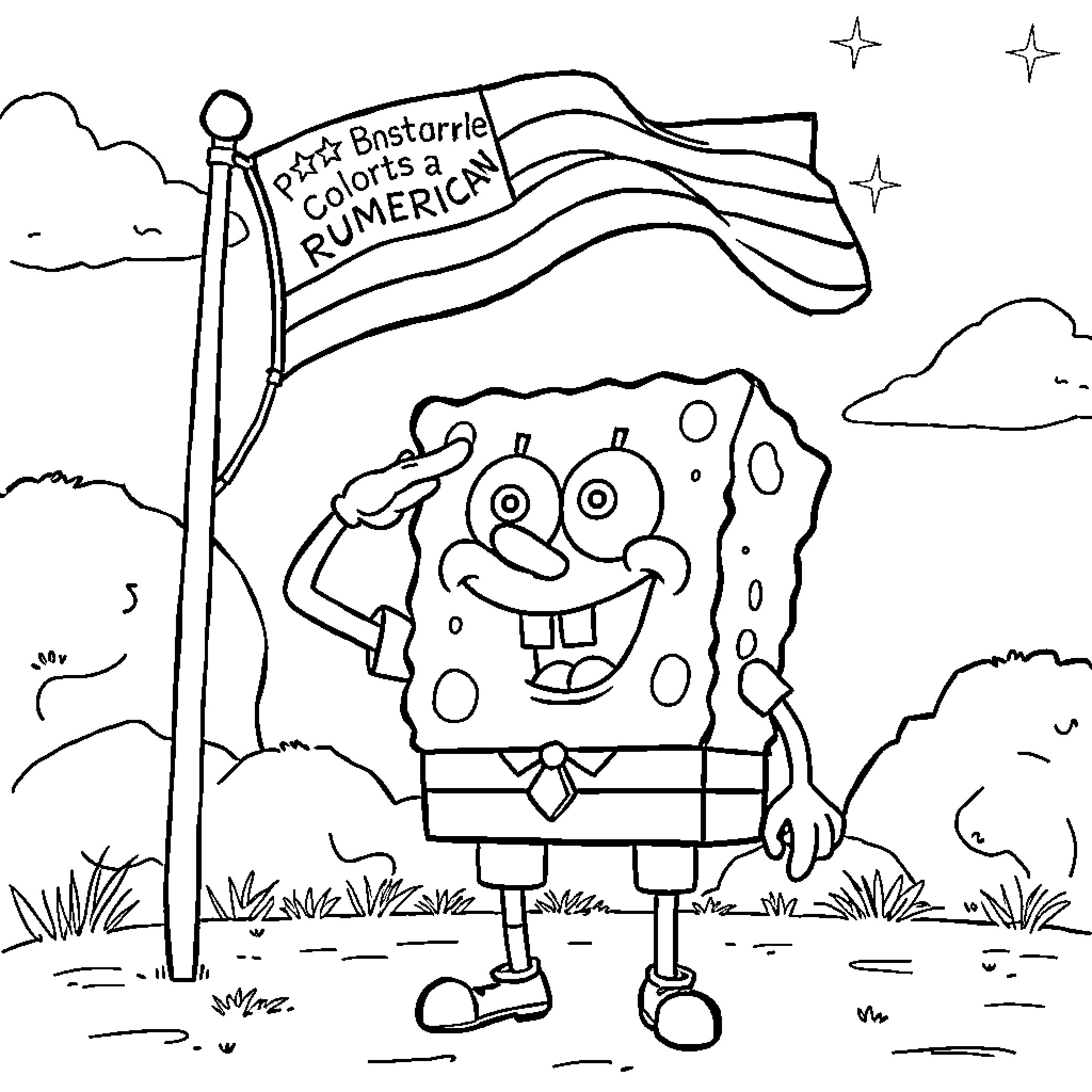Spongebob excitedly salutes with a patriotic flag Coloring Page (free black-and-white line drawing printable PDF for all, from beginners to advanced learners, including children, teens, adults, and seniors)