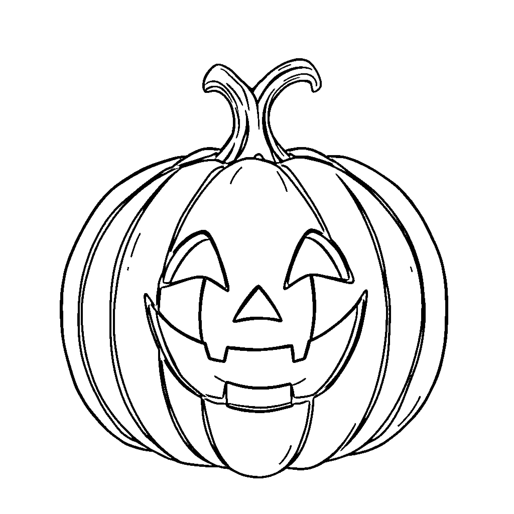 Pumpkin with a happy carved face Coloring Page (free black-and-white line drawing printable PDF for all, from beginners to advanced learners, including children, teens, adults, and seniors)