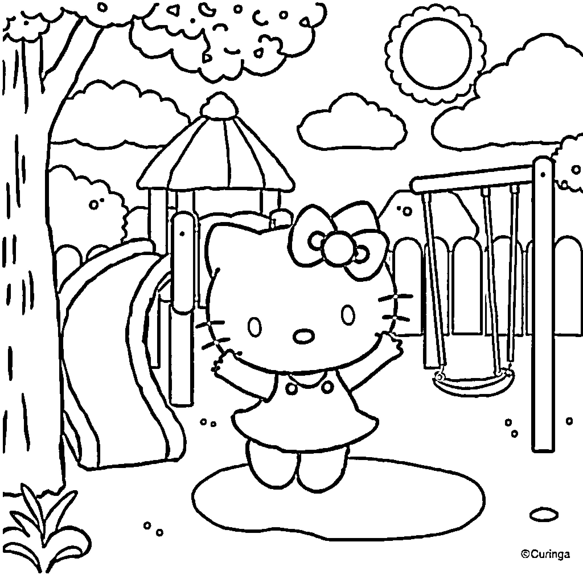 Hello Kitty enjoys a day at the playground Coloring Page (free black-and-white line drawing printable PDF for all, from beginners to advanced learners, including children, teens, adults, and seniors)