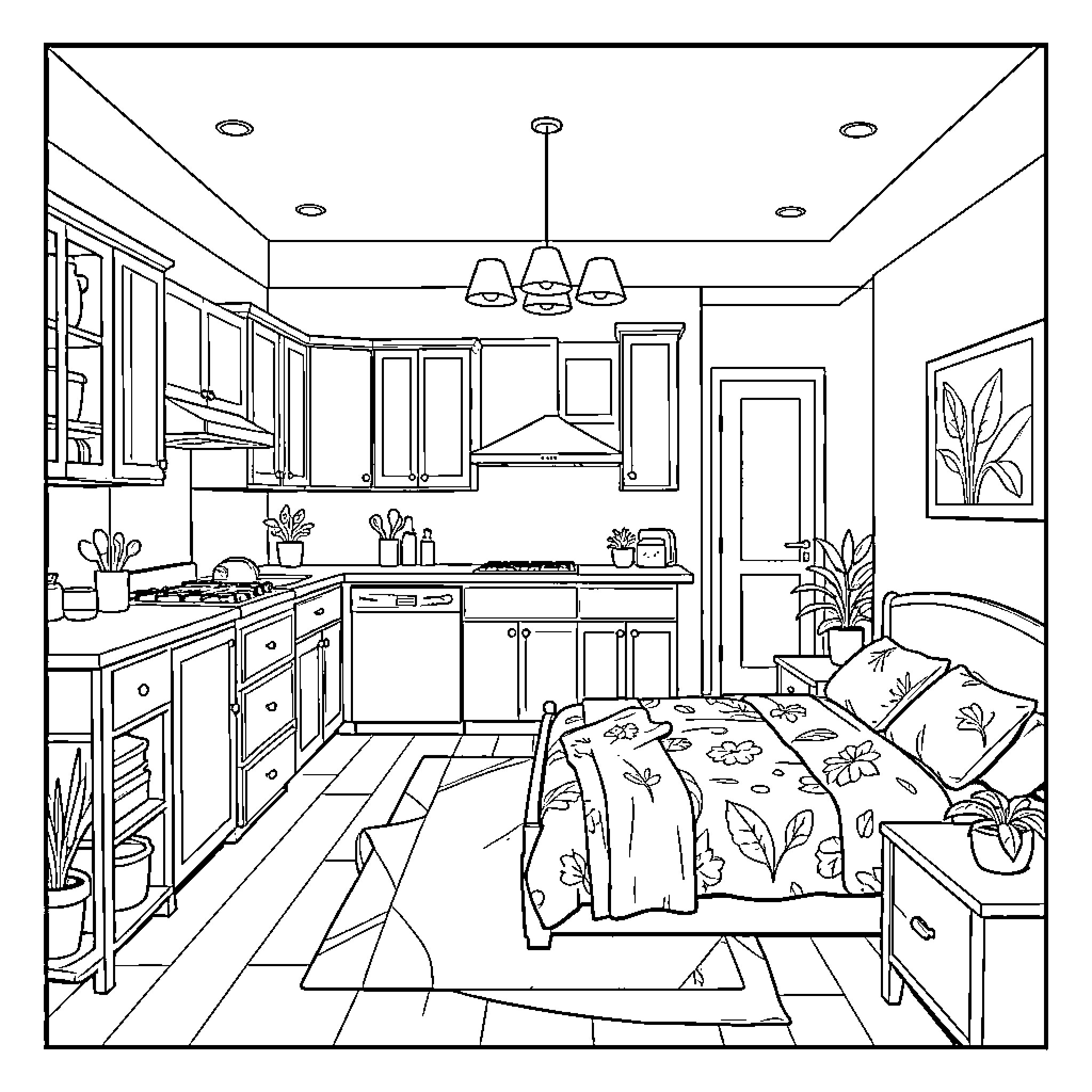 منزل مرتب يظهر غرفة النوم والمطبخ المتصلة Coloring Page (free black-and-white line drawing printable PDF for all, from beginners to advanced learners, including children, teens, adults, and seniors)