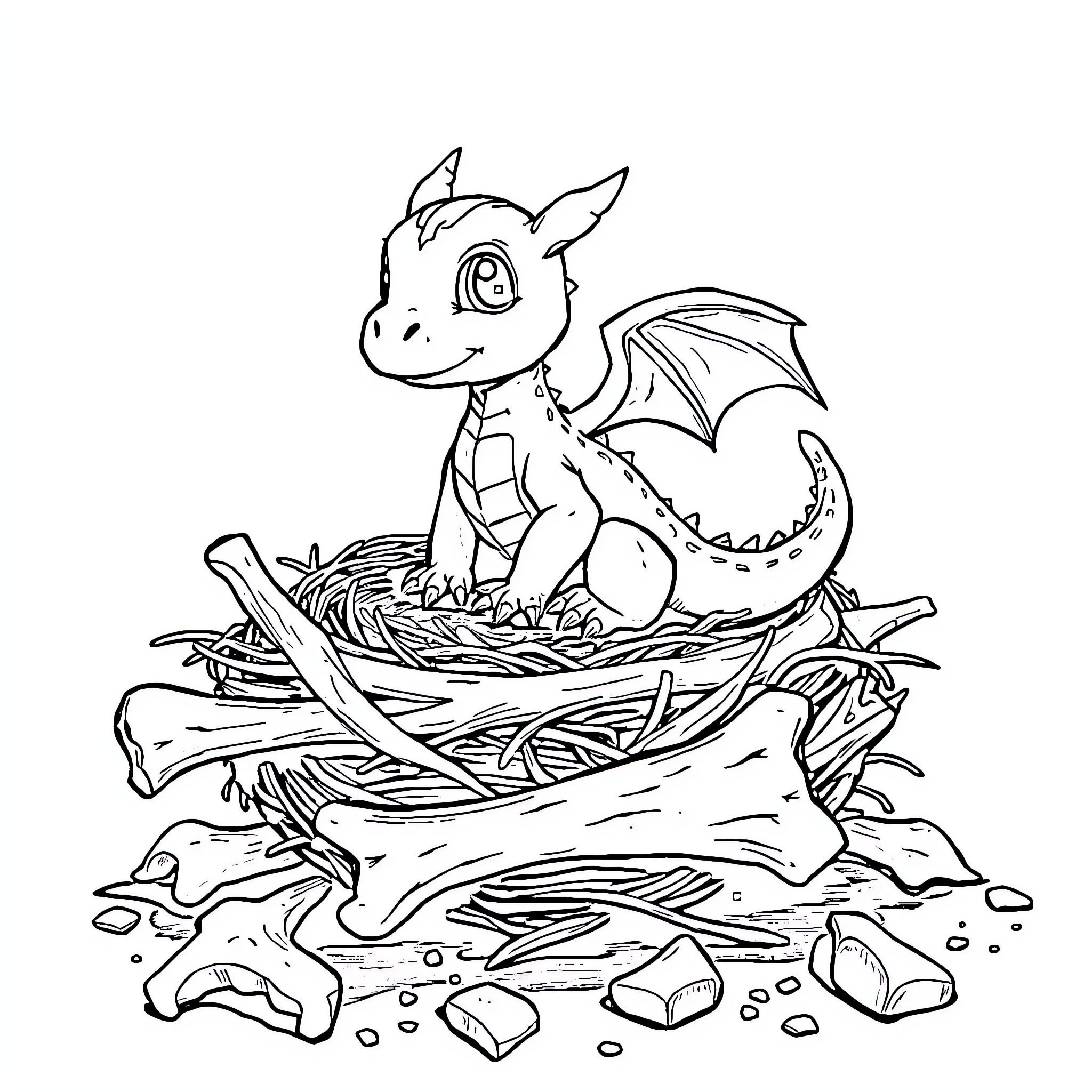 Dragon Hatchling Nestled in Twigs and Branches Coloring Page (free black-and-white line drawing printable PDF for all, from beginners to advanced learners, including children, teens, adults, and seniors)