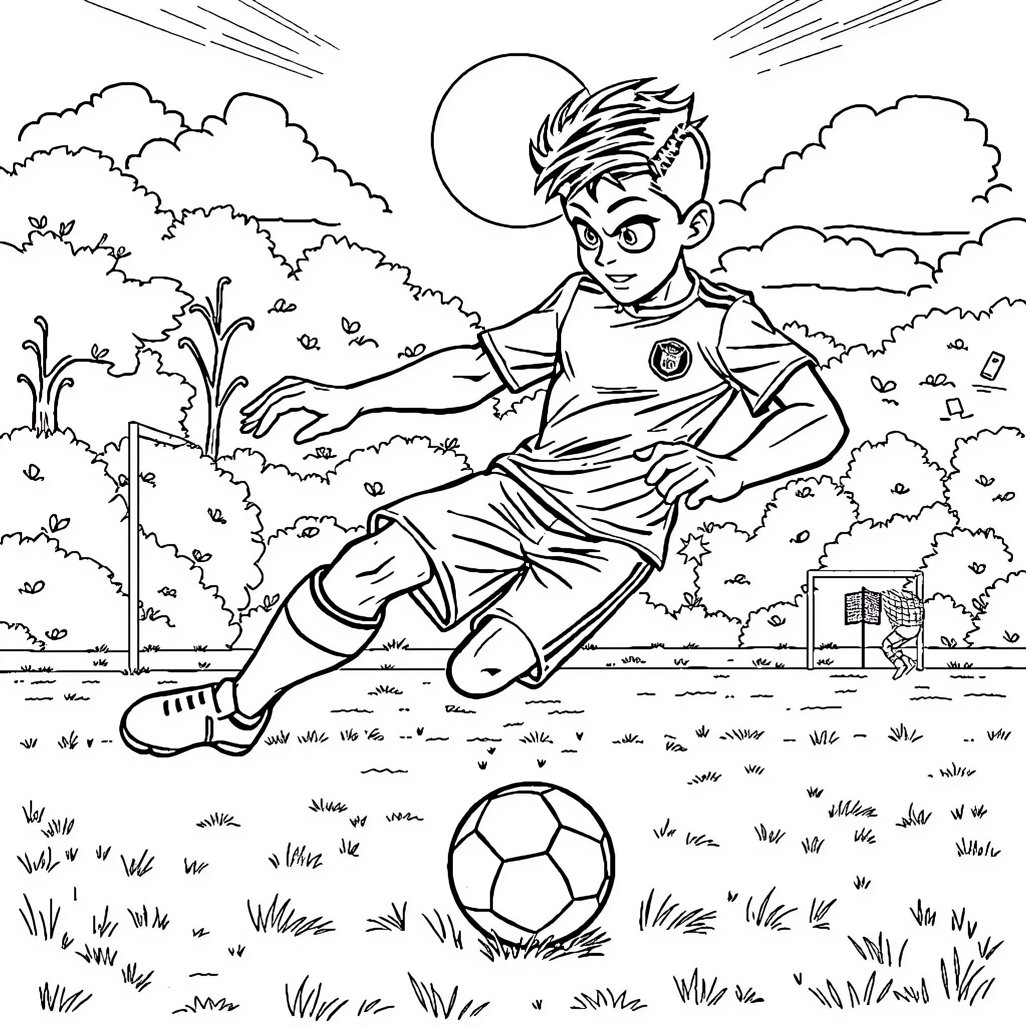 Oliver Atom playing football enthusiastically in the park Coloring Page (free black-and-white line drawing printable PDF for all, from beginners to advanced learners, including children, teens, adults, and seniors)