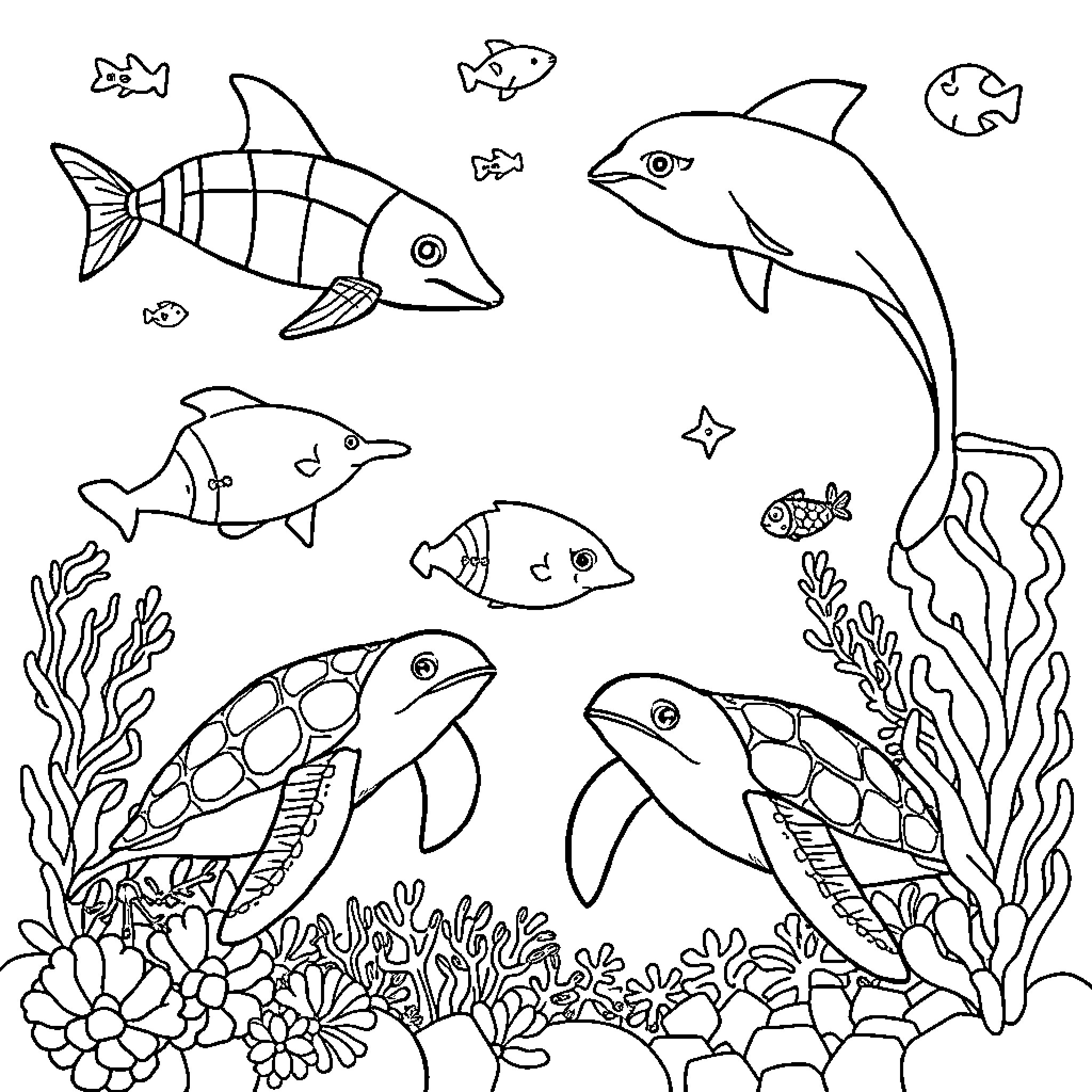 Sea Creatures Interacting in an Underwater Scene Coloring Page (free black-and-white line drawing printable PDF for all, from beginners to advanced learners, including children, teens, adults, and seniors)