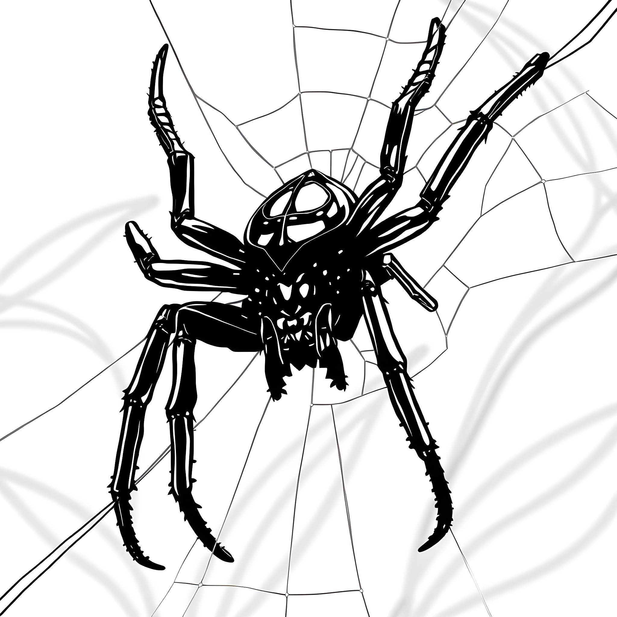 Black Widow's Deadly Spider Web Coloring Page (free black-and-white line drawing printable PDF for all, from beginners to advanced learners, including children, teens, adults, and seniors)