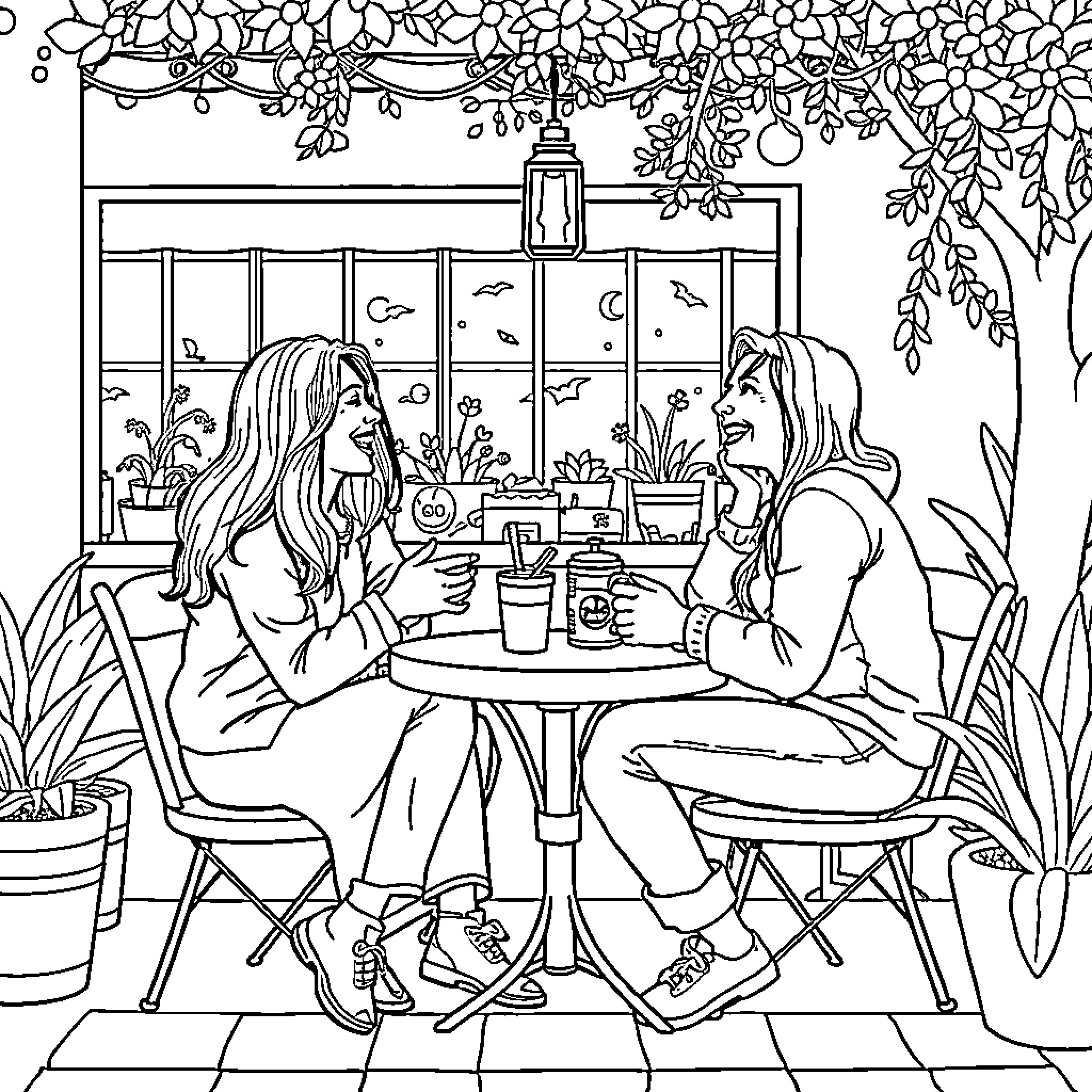 Gourds hanging in cozy greenhouse with friends Coloring Page (free black-and-white line drawing printable PDF for all, from beginners to advanced learners, including children, teens, adults, and seniors)