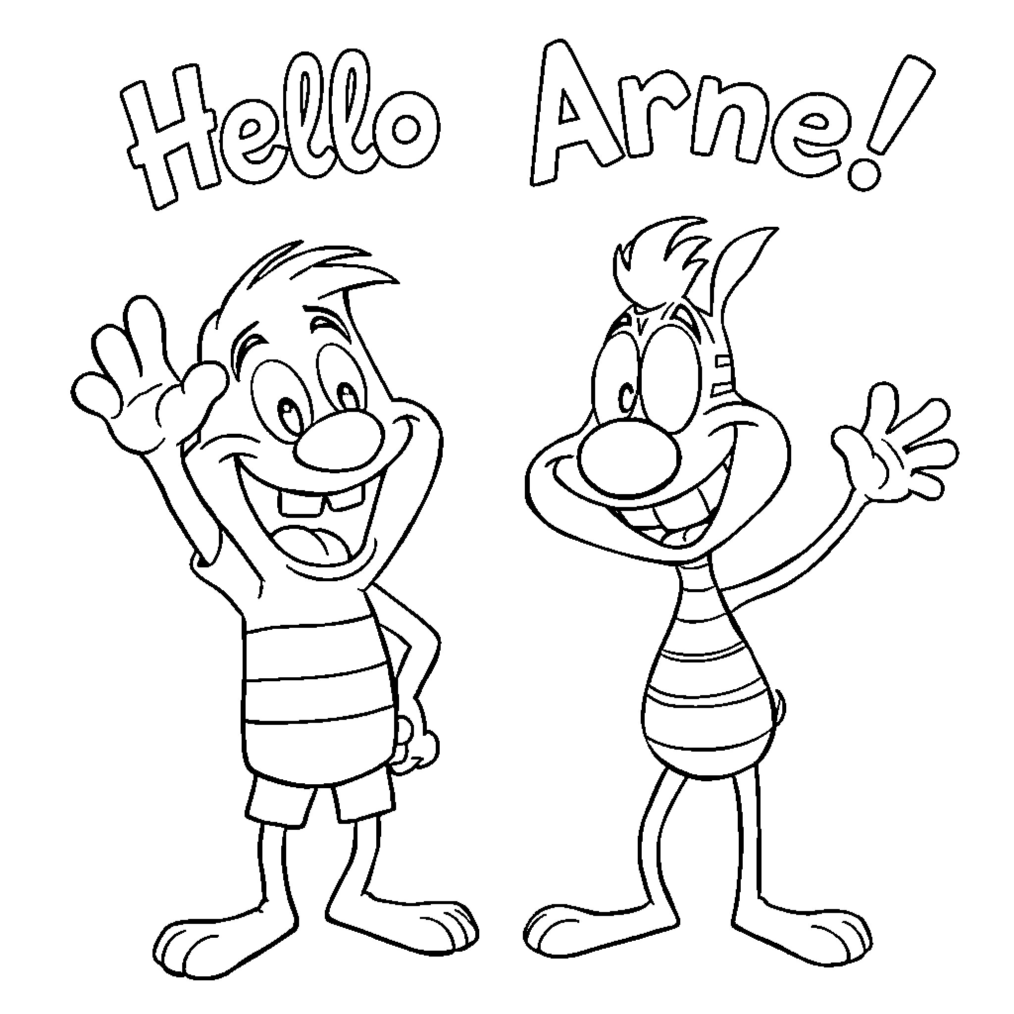 Ren and Stimpy waving hello in cartoon style Coloring Page (free black-and-white line drawing printable PDF for all, from beginners to advanced learners, including children, teens, adults, and seniors)
