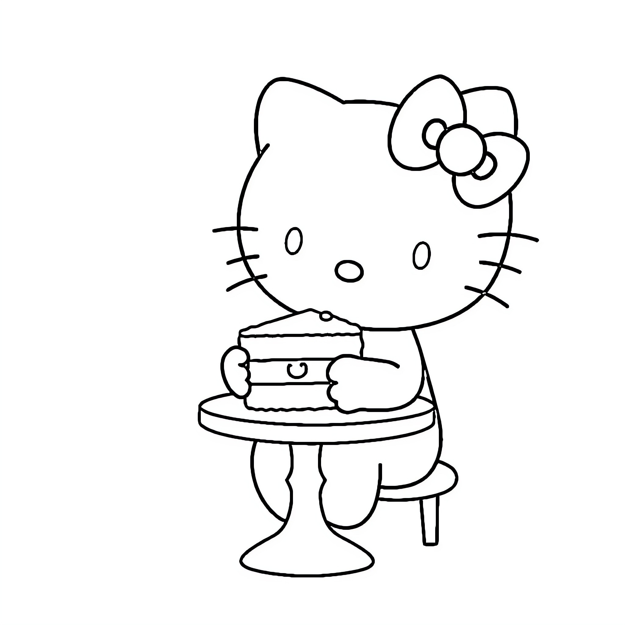 Hello Kitty Baking a Cake Coloring Page (free black-and-white line drawing printable PDF for all, from beginners to advanced learners, including children, teens, adults, and seniors)