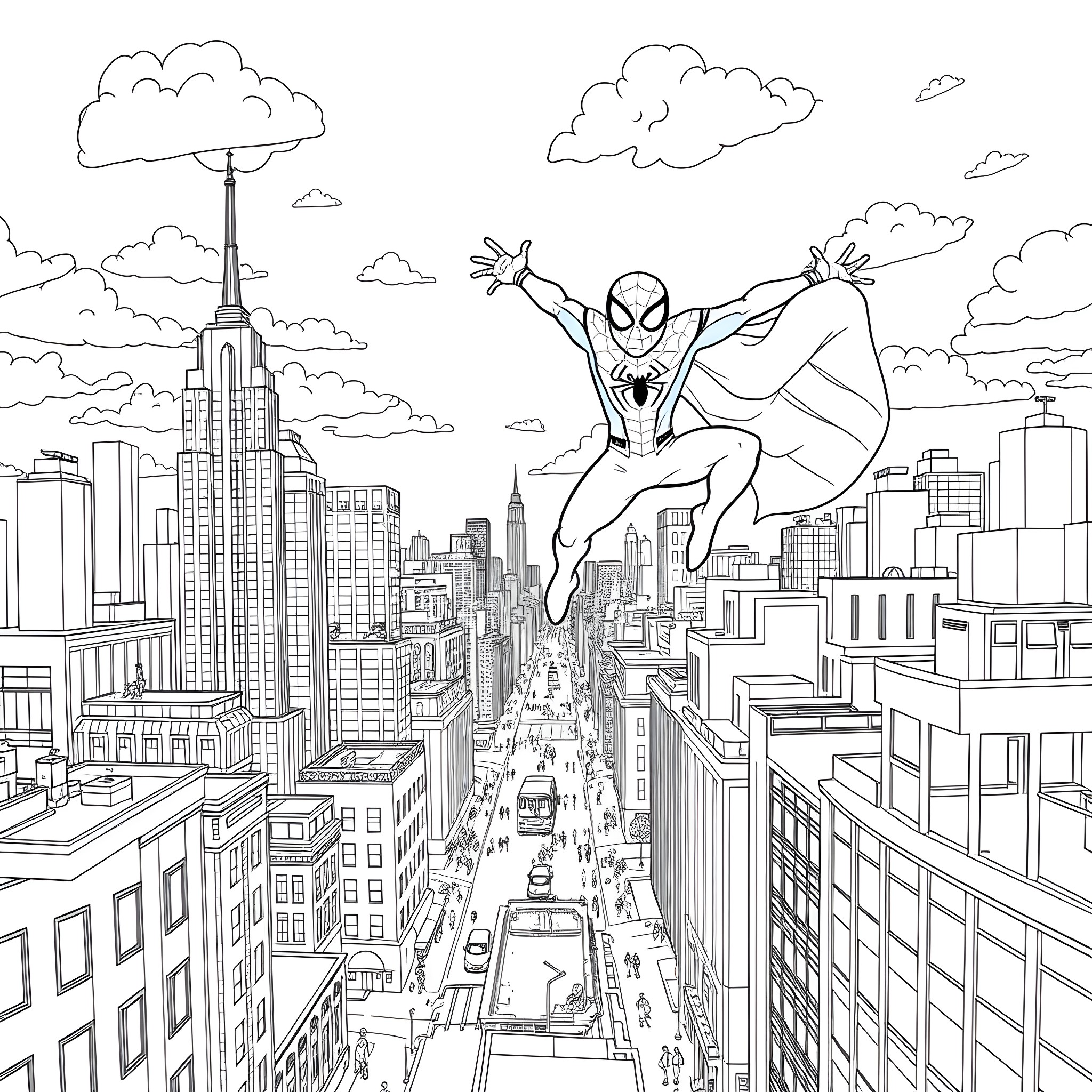 Spider-Man swinging through the city skyscrapers Coloring Page (free black-and-white line drawing printable PDF for all, from beginners to advanced learners, including children, teens, adults, and seniors)