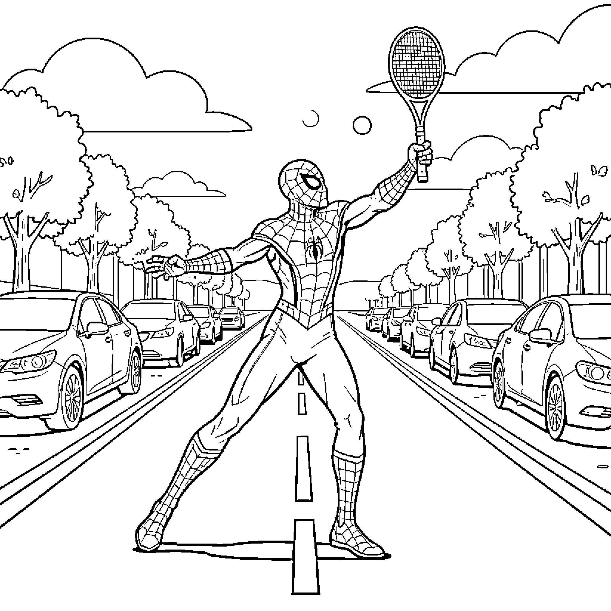 Spiderman holding a tennis racket on a street Coloring Page (free black-and-white line drawing printable PDF for all, from beginners to advanced learners, including children, teens, adults, and seniors)