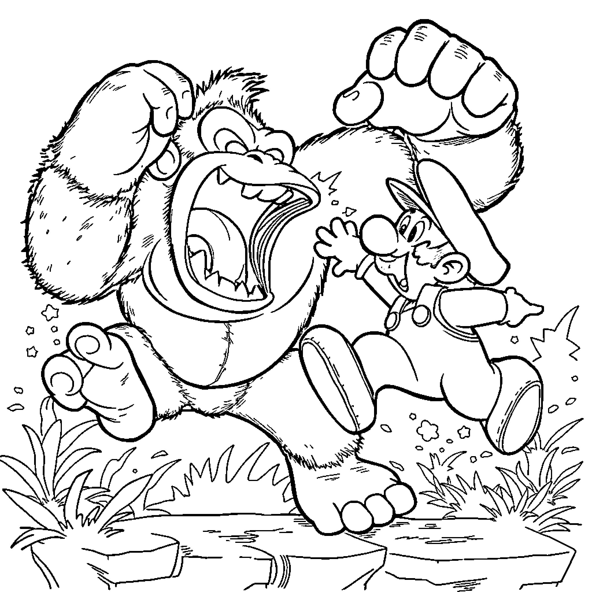 Donkey Kong in action-packed scene with fists raised Coloring Page (free black-and-white line drawing printable PDF for all, from beginners to advanced learners, including children, teens, adults, and seniors)