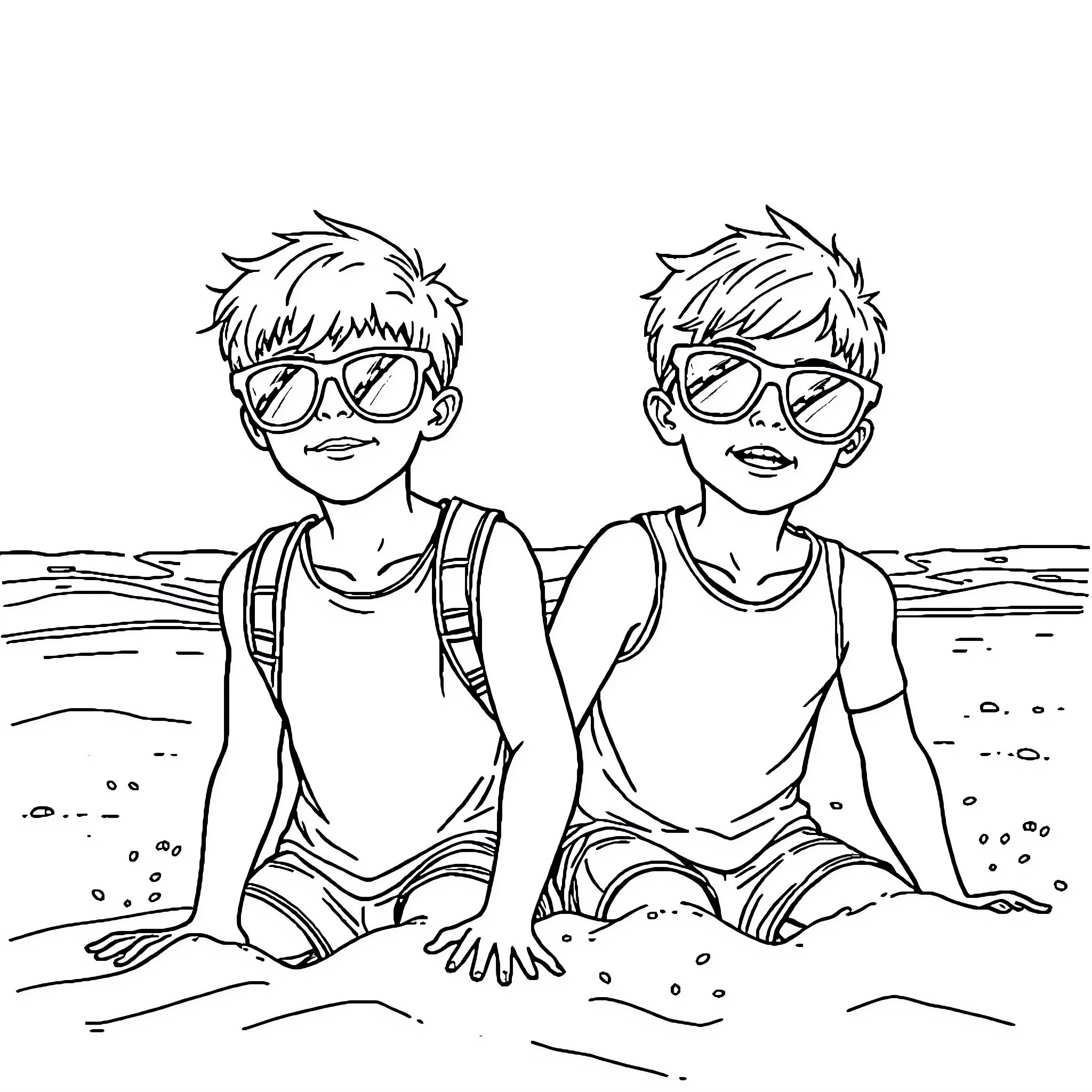 Garçons relaxing on the beach Coloring Page (free black-and-white line drawing printable PDF for all, from beginners to advanced learners, including children, teens, adults, and seniors)