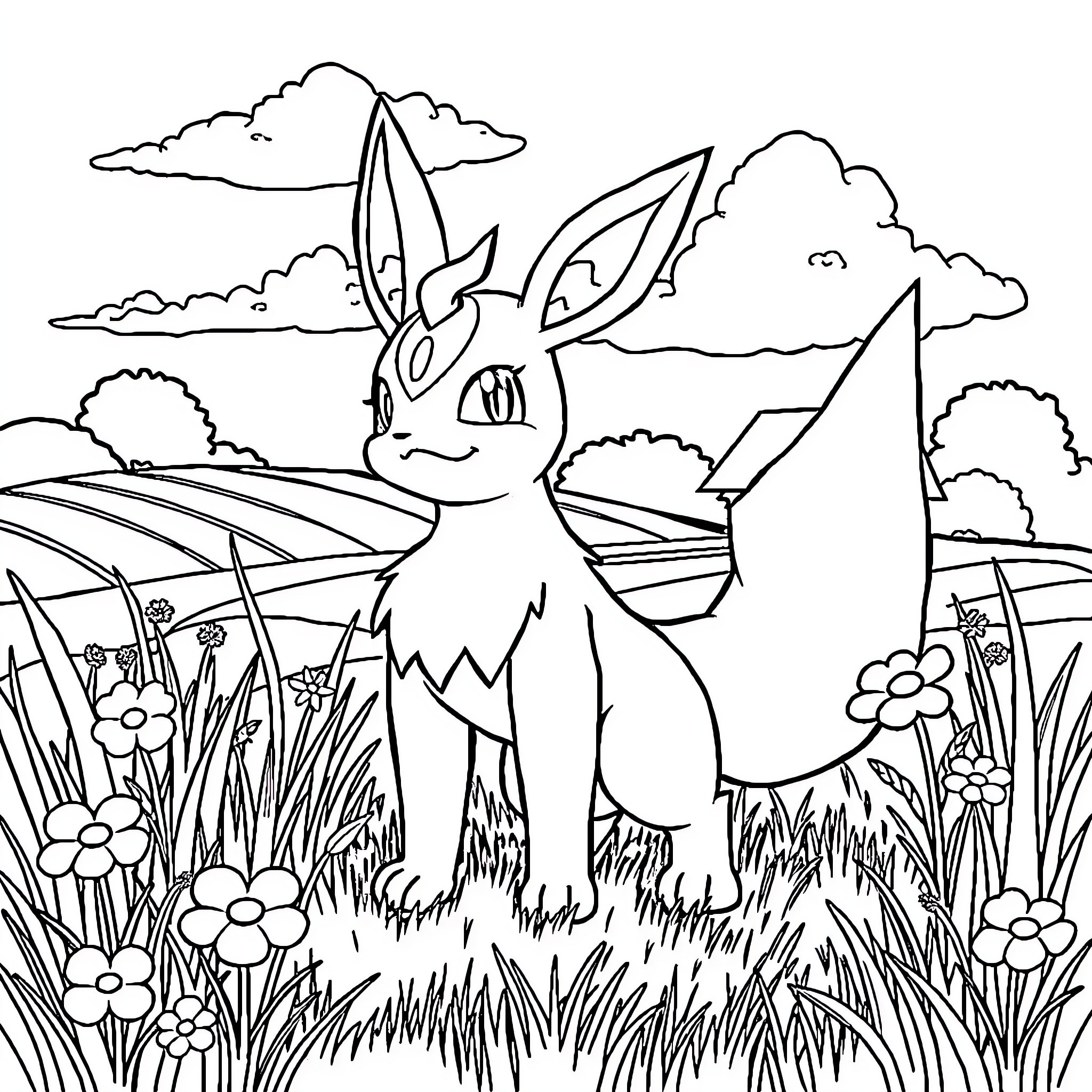 Lucario in a Serene Outdoor Setting Coloring Page (free black-and-white line drawing printable PDF for all, from beginners to advanced learners, including children, teens, adults, and seniors)