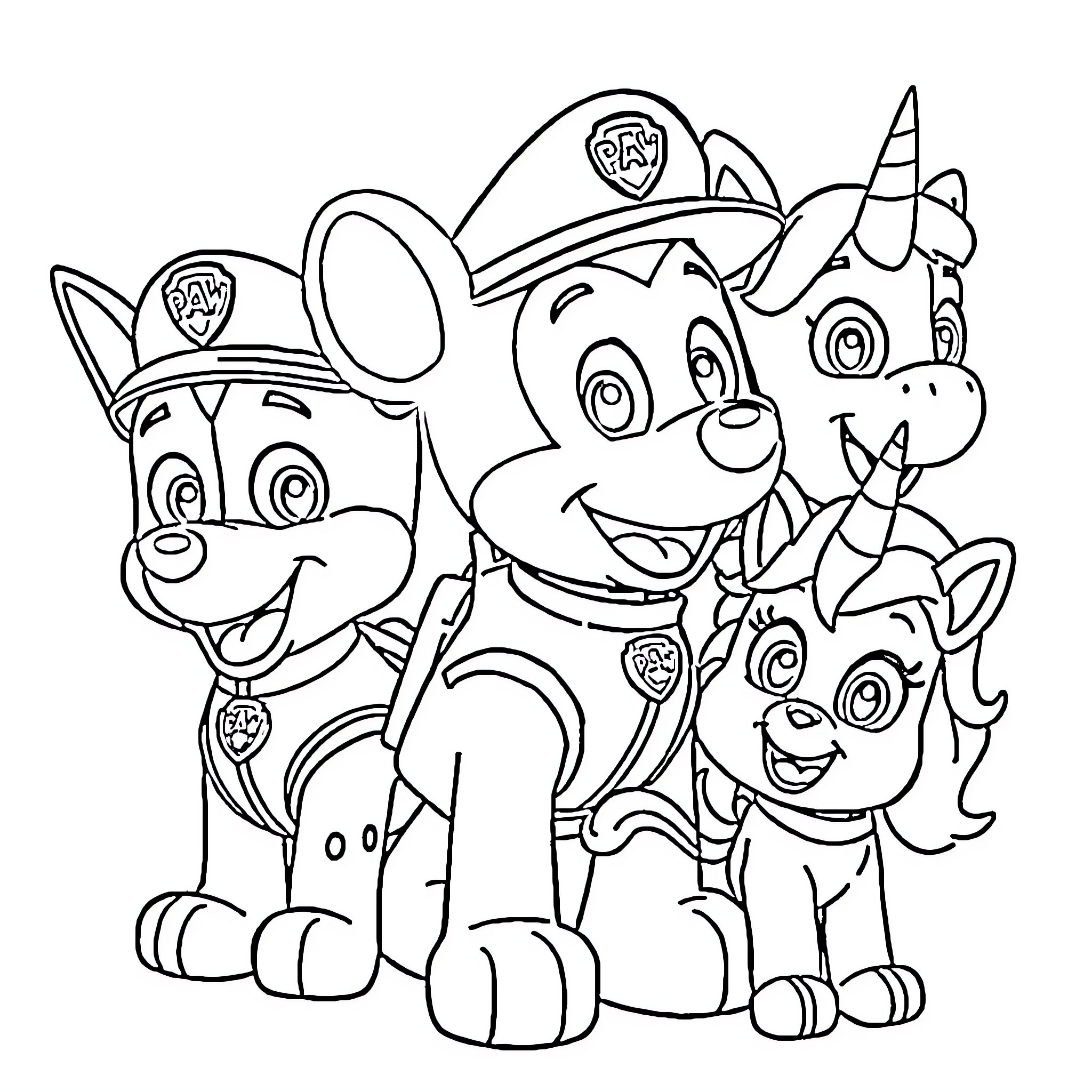 Mickey Mouse and Paw Patrol Pups in Uniform Coloring Page (free black-and-white line drawing printable PDF for all, from beginners to advanced learners, including children, teens, adults, and seniors)